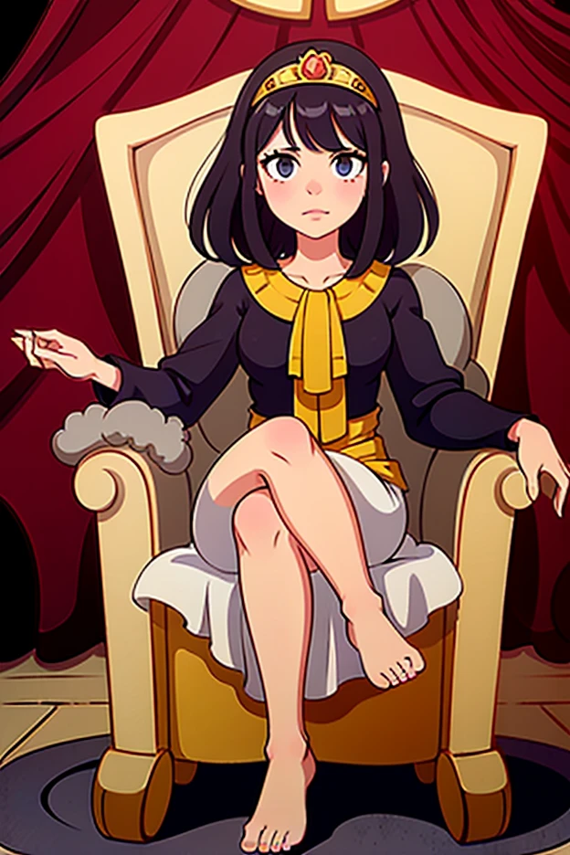 score_9,score_8_up,score_7_up,score_6_up,source anime BREAK, anime screencap, marnie_\(pokemon\), pokemon, 1girl, black_hair, green_eyes, sitting, on throne, barefoot, toes, soles, pov