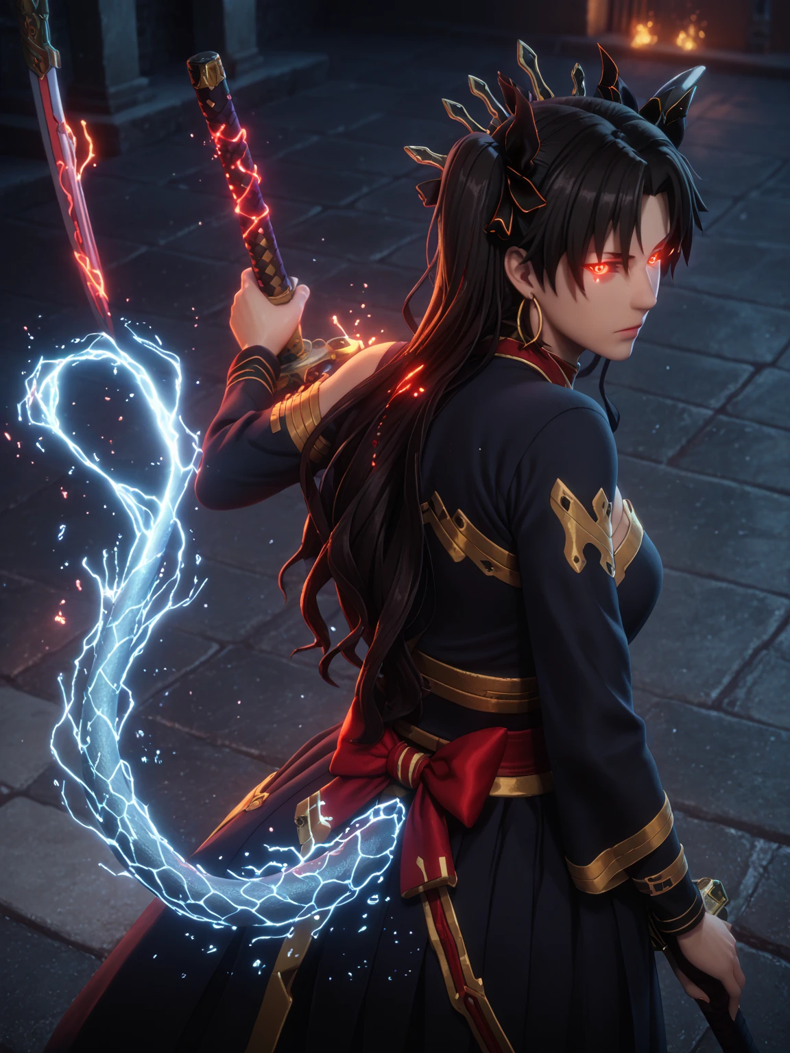 score_9, score_8_up, score_8, score_7_up, bouqtm, ishtar_(fate), red_eyes, parted bangs, long_hair, jewelry, earrings, black_hair, armlet, crown, two_side_up, small_breasts, hoop_earrings, ribbon, narrowed eyes, plump, shiny skin, anatomical correct, weapon, 1girl, sword, solo, tail, katana, sheath, glowing, dragon_tail, japanese_clothes, looking_at_viewer, kimono, holding_weapon, looking_back, holding, standing, holding_sword, sheathed, earrings, closed_mouth, dragon_girl, glowing_eyes, long_sleeves, jewelry, dragon_horns, from_behind, (aura:1.4), gothic