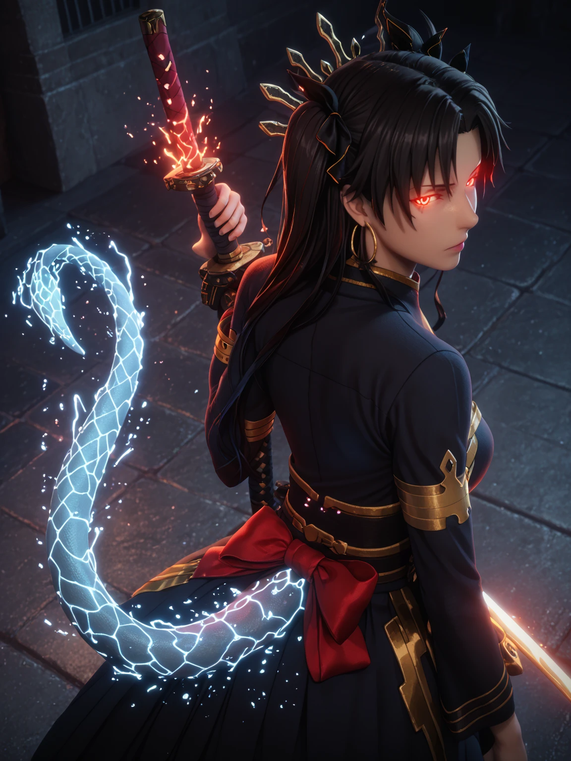 score_9, score_8_up, score_8, score_7_up, bouqtm, ishtar_(fate), red_eyes, parted bangs, long_hair, jewelry, earrings, black_hair, armlet, crown, two_side_up, small_breasts, hoop_earrings, ribbon, narrowed eyes, plump, shiny skin, anatomical correct, weapon, 1girl, sword, solo, tail, katana, sheath, glowing, dragon_tail, japanese_clothes, looking_at_viewer, kimono, holding_weapon, looking_back, holding, standing, holding_sword, sheathed, earrings, closed_mouth, dragon_girl, glowing_eyes, long_sleeves, jewelry, dragon_horns, from_behind, (aura:1.4), gothic