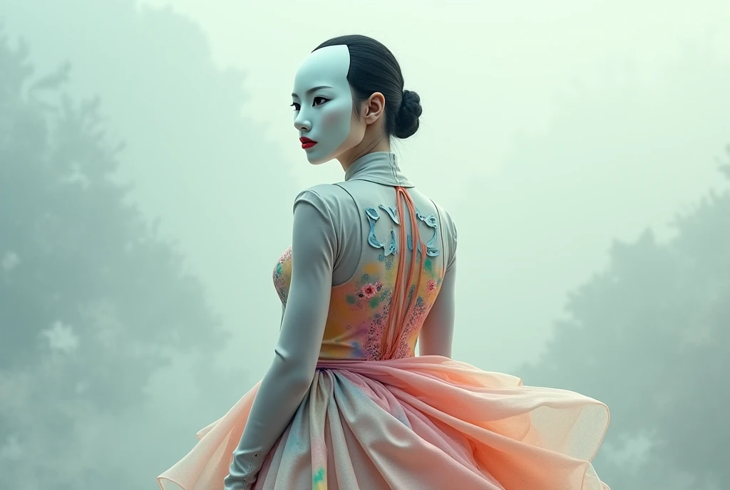 Twin asian women with face hidden by a mask
