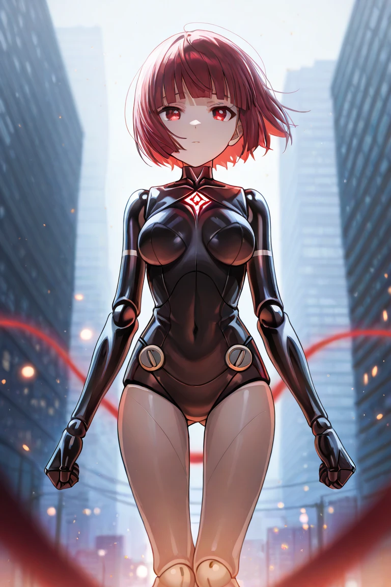 (highest quality:1.2), a 20-years-old girl is standing, trembling with rage,raised both hands, clenching her fists, free from brainwashing, front view, looking forward,  a photorealistic cute gymnast, beautiful face, European face, heavily make-up face, noble face,  large eyes with heavy dark eyshadow, dark blue eyeline, bloody-red lip, angry face with hostility to her master,, Short-cut pink hair, upper body portrait above knees, wearing long sleeve  leotard,tight-fitting and extra shiny black leotard, wearing fishnet bodysuits, wearing red belt