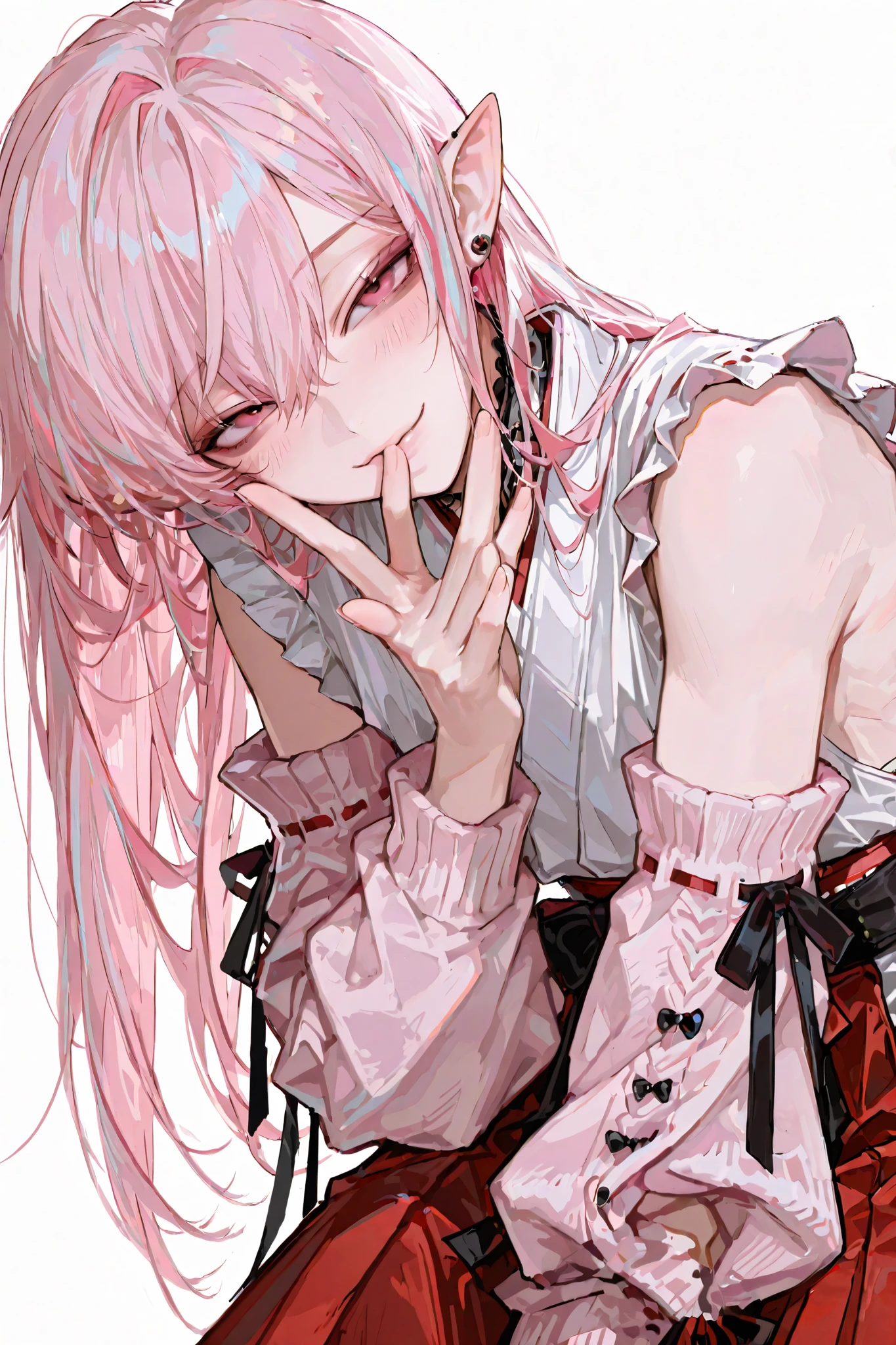 1male,handsome,top quality,high quality,masterpiece,beautiful young man, lean, 6 foot tall, miko, side boob, vampire, detailed face, Gothic, ta fashion, simple background, long hair, multi colored hair, shrine maiden, pointy ears, visual kei style, pink hair, studs, piercings, (masterpiece:1.2),(highest quality),(super detailed),(ultra-high resolution), punk, sub culture, cardigan, blush, flawless smooth skin, looking at viewer, seductive smile,anticipating kiss, kiss, half closed eyes, reaching out, cowboy shot, detached sleeves, White background,high fashion, dramatic lighting, newest, male focus, adult male 
