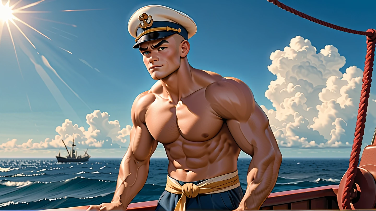 a muscular sailor, strong and powerful, wearing a black outfit, disproportionately large arms, muscular arms, sailor cap, smoking cigar, cinematic lighting, dramatic shadows, photorealistic, highly detailed, hyper realistic, 8k, masterpiece