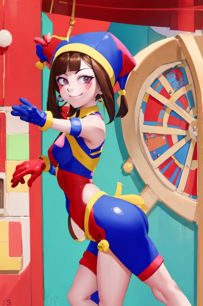 (masterpiece:1.2), (highly detailed:1.2), pomni, anime style, pomni, 1girl, solo, clown girl, detailed landscape,dynamic pose, looking at viewer, short hair, brown hair, (his eyes are blue and red and bright), red and blue clothes, scared, cute face, hat, thick legs, wide hips, striped, arms and hands at the sides, arms out of sight, puffy sleeves, symbol-shaped pupils, bodysuit, blush stickers, shy, jester cap, clown, view of the coast, view from behind,