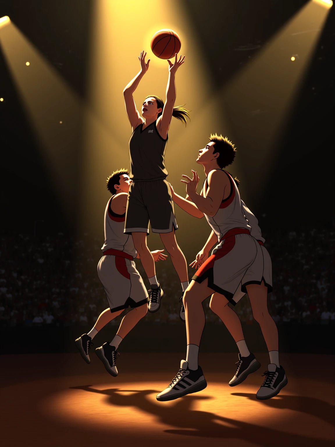 A dynamic digital artwork showcases a female basketball player mid-flight, intensely focused on making a layup as she's guarded by three male opponents. The golden lighting, dramatic shading, and sharp contrasts highlight the player's athleticism and skill in this action-packed moment, while the dark arena and spotlights draw attention to the soaring motion and the upcoming shot. Anime style. From side, dramatic lighting, (spotlight from above), golden lighting, lens flare, highly detailed, The basketball goal is 305cm high.