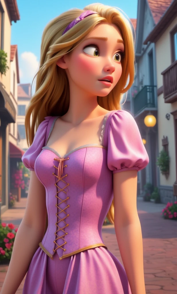 (photorealistic, perfect eyes) beautiful girl, realistic detailed blue eyes, standing in castle, cleavage, small breasts, pink dress, sexy pose