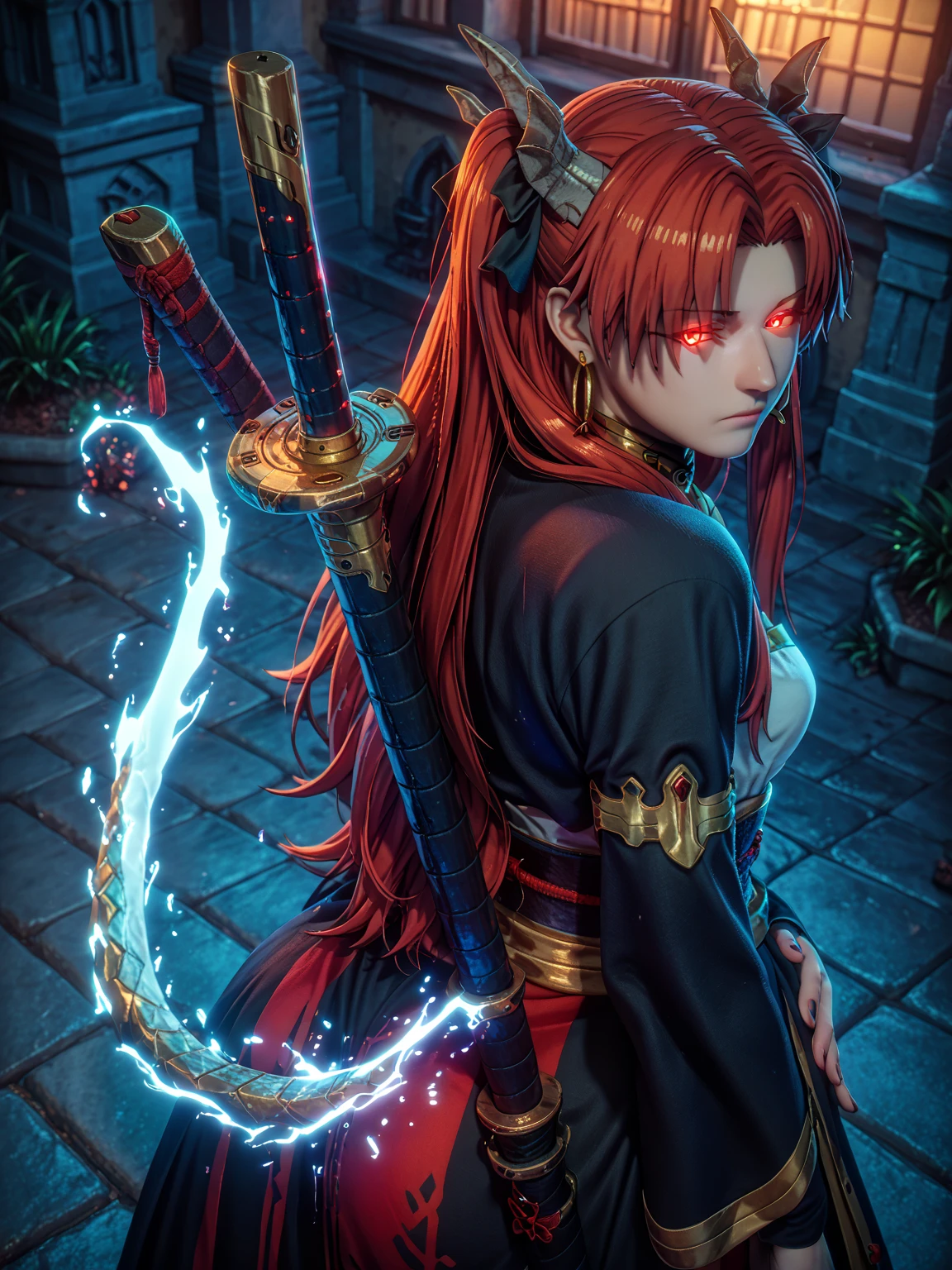 score_9, score_8_up, score_8, score_7_up, bouqtm, ishtar_(fate), red_eyes, parted bangs, long_hair, jewelry, earrings, black_hair, armlet, crown, two_side_up, small_breasts, hoop_earrings, ribbon, narrowed eyes, plump, shiny skin, anatomical correct, weapon, 1girl, sword, solo, tail, katana, sheath, glowing, dragon_tail, japanese_clothes, looking_at_viewer, kimono, holding_weapon, looking_back, holding, standing, holding_sword, sheathed, earrings, closed_mouth, dragon_girl, glowing_eyes, long_sleeves, jewelry, dragon_horns, from_behind, (aura:1.4), gothic