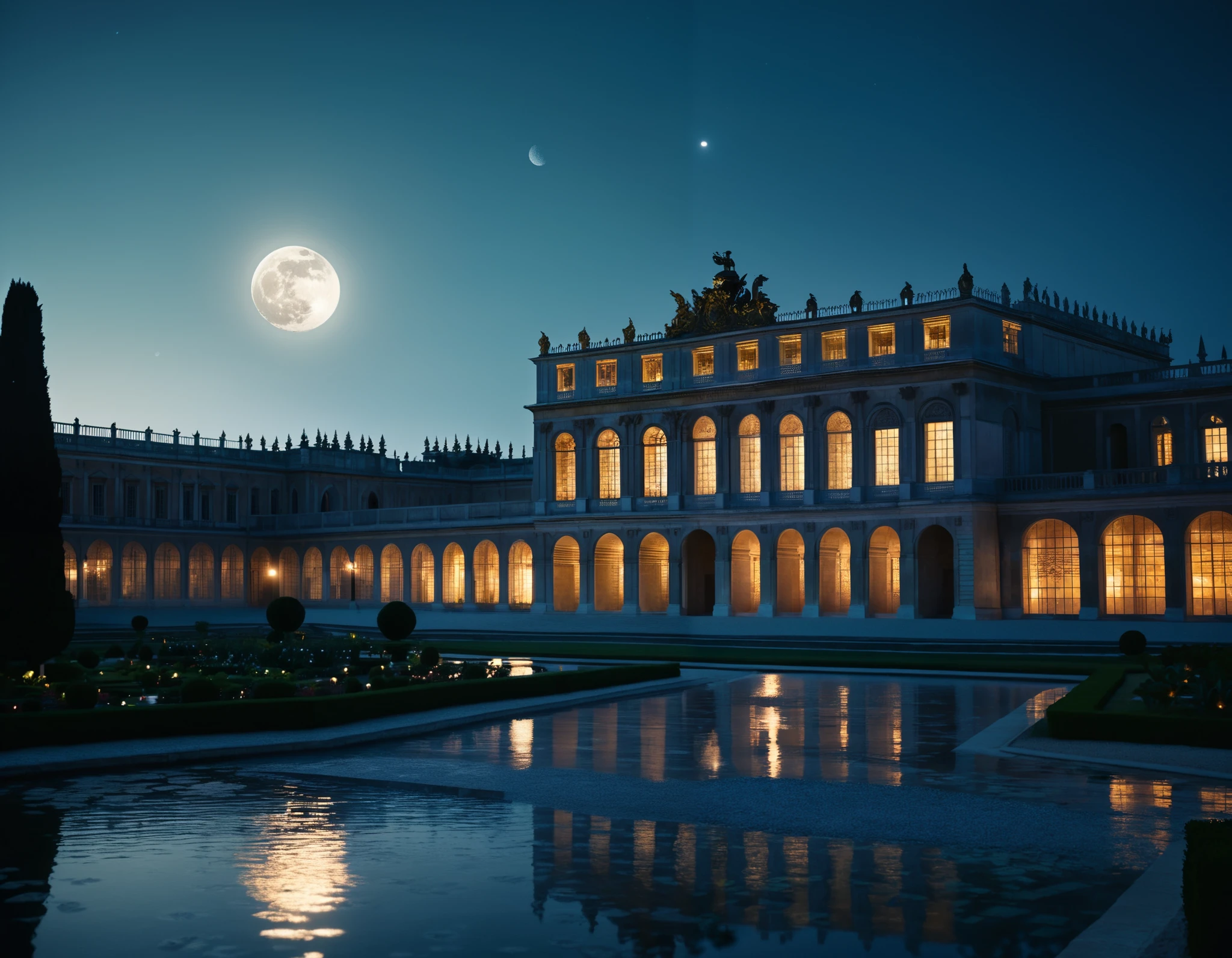by [arknights|(748cmstyle:0.5)], 8k, bokeh, cinematic shot, dramatic lighting, high contrast, masterpiece, best quality, amazing quality, very aesthetic, high resolution, ultra-detailed, absurdres,
high-futuristic inner garden, bright moonlit clear sky, marmer with inscriptions, palace, glass and crystals, high tech, science fiction, divine technology, landscape, greco roman architecture, (palace of Versailles:0.66), evening sky, garden, water,
BREAK, depth of field, volumetric lighting
 