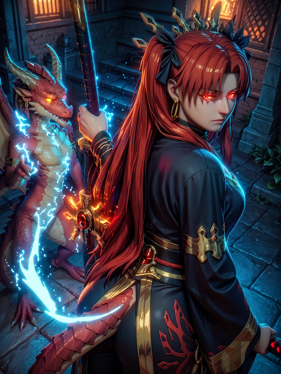 score_9, score_8_up, score_8, score_7_up, bouqtm, ishtar_(fate), red_eyes, parted bangs, long_hair, jewelry, earrings, black_hair, armlet, crown, two_side_up, small_breasts, hoop_earrings, ribbon, narrowed eyes, plump, shiny skin, anatomical correct, weapon, 1girl, sword, solo, tail, katana, sheath, glowing, dragon_tail, japanese_clothes, looking_at_viewer, kimono, holding_weapon, looking_back, holding, standing, holding_sword, sheathed, earrings, closed_mouth, dragon_girl, glowing_eyes, long_sleeves, jewelry, dragon_horns, from_behind, (aura:1.4), gothic