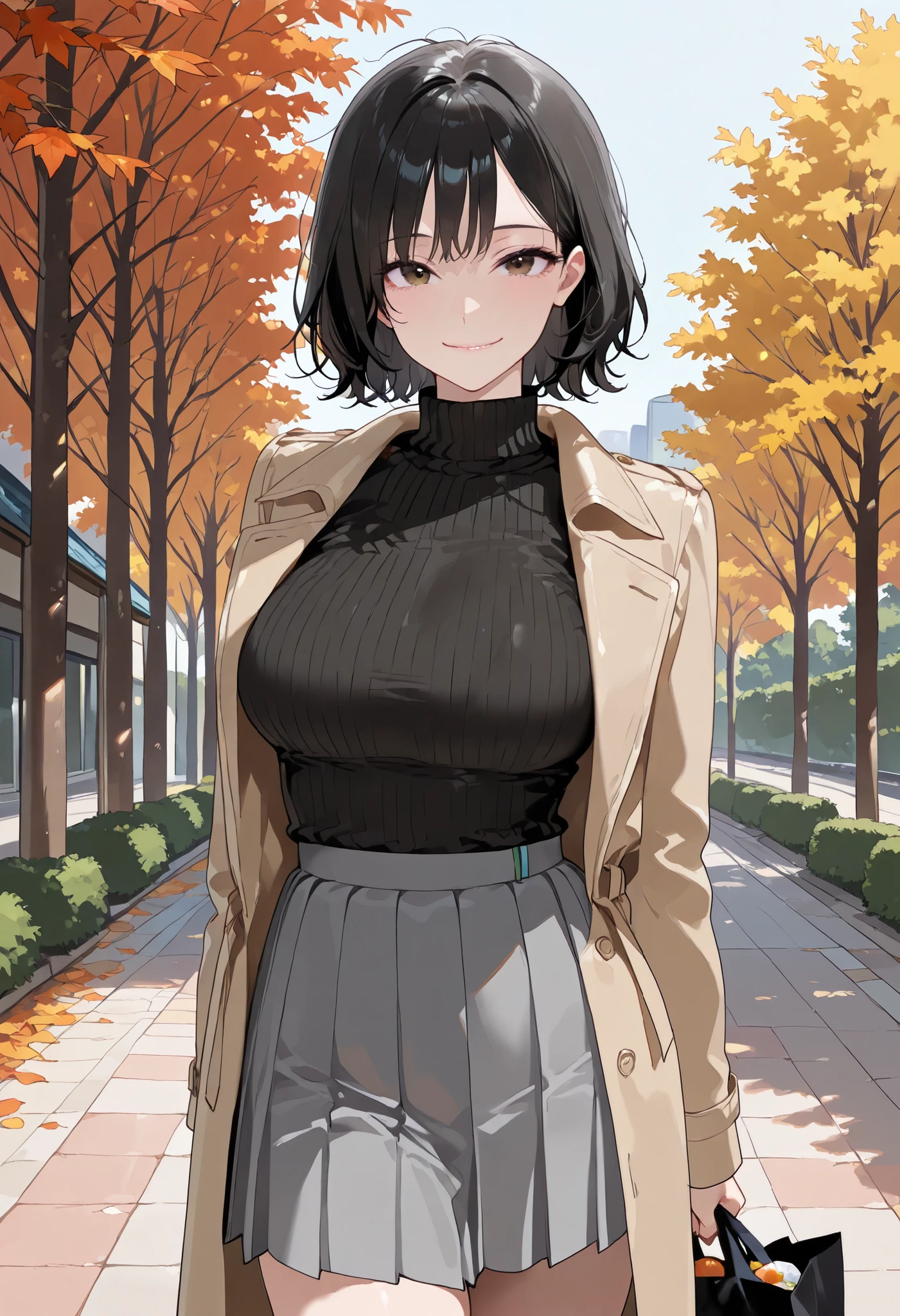 high res image, Beautiful girl with slim body, (masterpiece, detailed:1.2), (1girl:1.4), (black hair, short hair, messy hair, long side bangs), (dynamic poses), looking at viewer, (enjoyed, light smile), (brown eyes, detail eyes), Beautiful eyes, (average breasts:1.3), (slender body), (beautiful detailed face, beautiful detailed eyes), ((long trench coat, black cashmere sweater, pleated skirt)), carrying grocery bag, autumn seasons, ((cowboy shot:1.3)), seductive, lustrous skin, lustful skin, erotic skin
