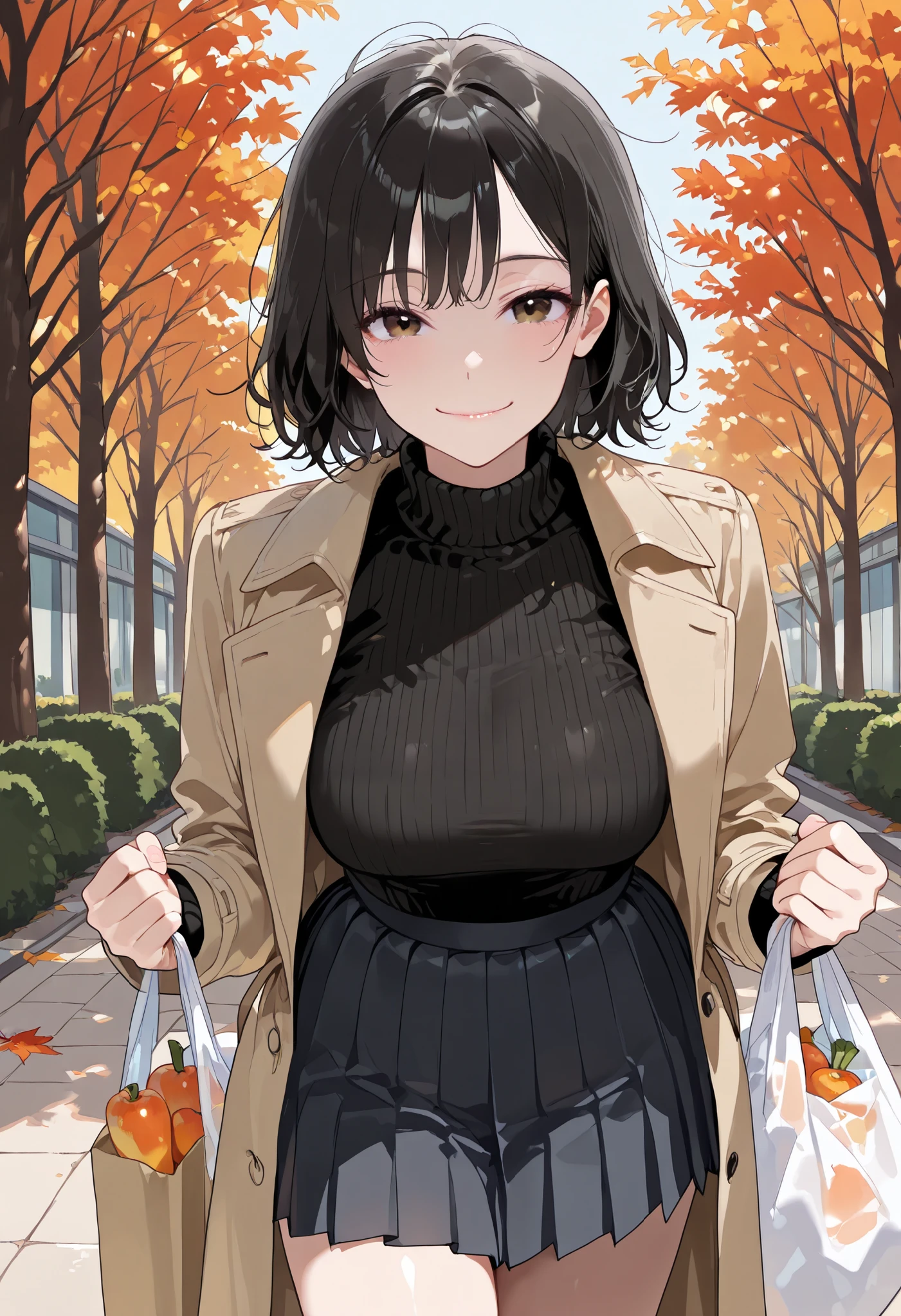high res image, Beautiful girl with slim body, (masterpiece, detailed:1.2), (1girl:1.4), (black hair, short hair, messy hair, long side bangs), (dynamic poses), looking at viewer, (enjoyed, light smile), (brown eyes, detail eyes), Beautiful eyes, (average breasts:1.3), (slender body), (beautiful detailed face, beautiful detailed eyes), ((long trench coat, black cashmere sweater, pleated skirt)), carrying grocery bag, autumn seasons, ((cowboy shot:1.3)), seductive, lustrous skin, lustful skin, erotic skin