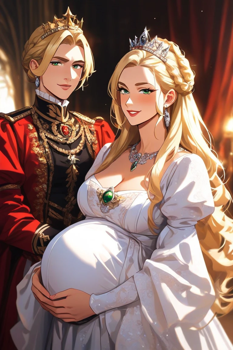 ((highest quality)), ((masterpiece)), (detailed), Perfect Face、(Yuuki Asuna)、(The woman has bright blonde hair)、((The woman and the man are walking down the street, their bodies pressed together. The man is holding the woman close. The woman is completely his, body and soul. The woman is pregnant.))、((The woman is wearing a long slit see-through dress with gorgeous gold embroidery, shiny gold boots, and gorgeous jewelry accessories such as jeweled earrings, necklaces, bracelets, and waist chains. She is also wearing a gold see-through skirt with an open front.、Beautiful golden see-through cape))、、Men and women with gorgeous engagement rings、((The woman is wearing heavy makeup, including bright red lipstick and dark eyeshadow.))、The man gently strokes the woman's head with one hand.、The man is dressed luxuriously、((The man has a strong body and a big dick and balls))、(Woman looks happy)、(((The man is not wearing lipstick or makeup.)))、The man looks satisfied、
