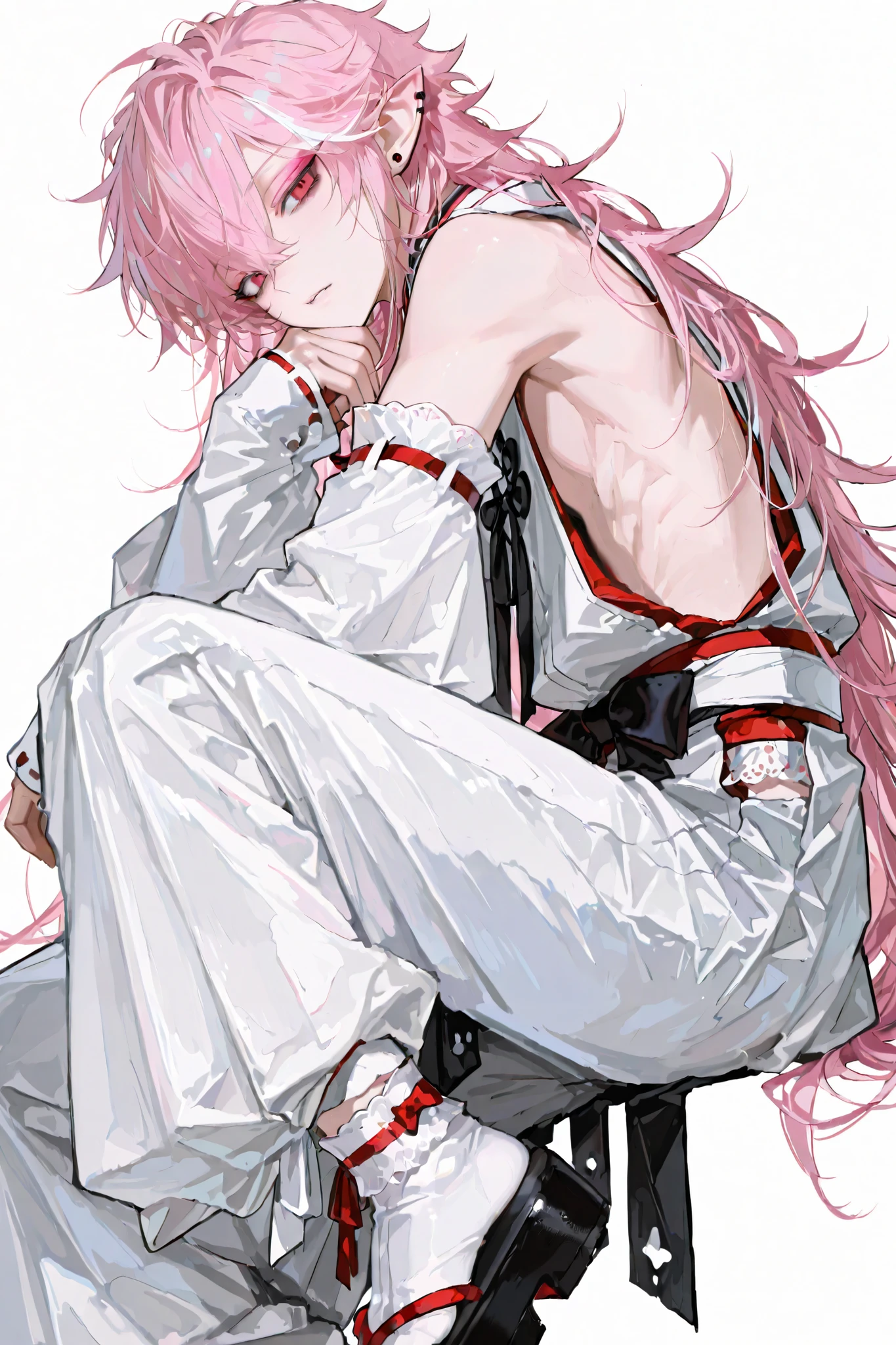 1male,handsome,top quality,high quality,masterpiece,beautiful young man, lean, 6 foot tall, miko, side boob, vampire, detailed face, Gothic, ta fashion, simple background, long hair, multi colored hair, shrine maiden, pointy ears, visual kei style, pink hair, studs, piercings, (masterpiece:1.2),(highest quality),(super detailed),(ultra-high resolution), sub culture, cardigan, flawless smooth skin, detached sleeves, White background,high fashion, dramatic lighting, newest, male focus, adult male, perfect body proportions, long pants, puffy pants, split toe socks, heavy black eyeliner, pink eyeshadow, long messy hair