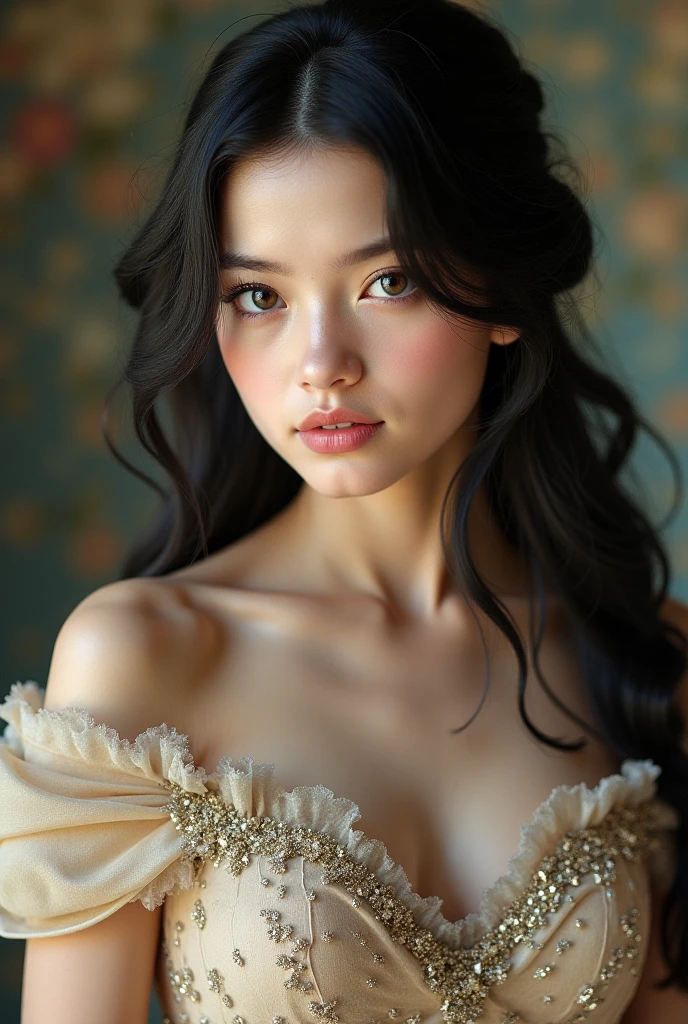 a beautiful woman, plump, long flowing black hair, brown eyes, small neck, glossy lips, full body, random pose, random location, random outfit, detailed face, detailed eyes, detailed lips, 1girl, intricate details, exquisite details, masterpiece, photorealistic, hyperrealistic, 8k, high resolution, studio lighting, vibrant colors, vivid colors, beautiful scenery, dreamy atmosphere, elegant, graceful