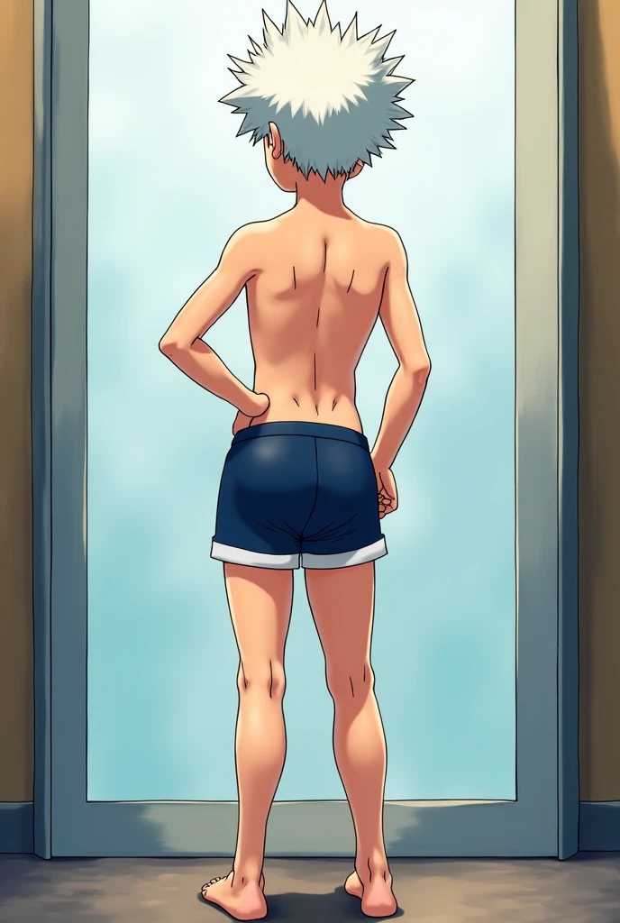 One Scene、One personだけ、Shota、、evening、、One person、short hair、Light blue eyes、Embarrassed、locker room、locker room、View here、Topless、Slim body、White briefs、front、front向き、erection、erection、Full body view、