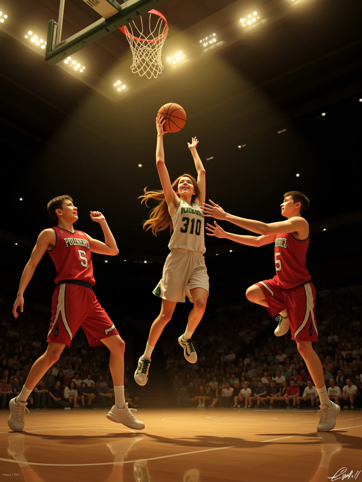 A dynamic digital artwork showcases a female basketball player mid-flight, intensely focused on making a layup as she's guarded by three male opponents. The golden lighting, dramatic shading, and sharp contrasts highlight the player's athleticism and skill in this action-packed moment, while the dark arena and spotlights draw attention to the soaring motion and the upcoming shot. Anime style. From side, dramatic lighting, (spotlight from above), golden lighting, lens flare, highly detailed, The basketball goal is 305cm high.