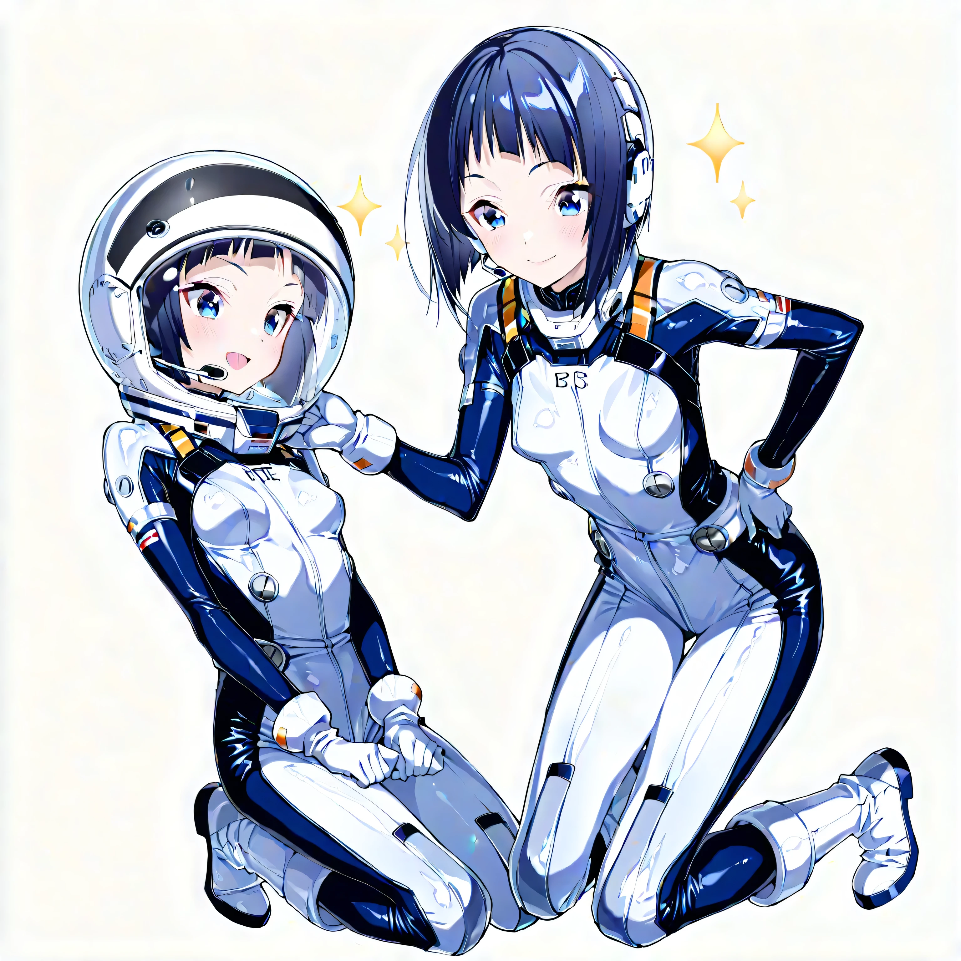 (masterpiece、Top Quality、highest resolution from vagina、 Clear Images 、 Detailed Details ):(full body、20 year old girl、the face of Japan、Xiaoyan、 Slim、 dark blue super short bob cut hair 、(Hidden small breasts:1.3)、 Sparkling Blue Eyes 、white and navy blue shiny pilot suit、Chest protection armor、tight clothes、full bodyを覆うwhite and navy blue shiny pilot suit、魅力的なwhite and navy blue shiny pilot suit、 fitted pants 、肌を隠すwhite and navy blue shiny pilot suit、very delicate and beautiful、胸を隠すwhite and navy blue shiny pilot suit、肩を隠すwhite and navy blue shiny pilot suit、More、太ももを隠すwhite and navy blue shiny pilot suit、お尻を隠すwhite and navy blue shiny pilot suit、cute、 gentle smile、gentle expression、heroine、headset、long hard boots 、elbow length gloves、Eye shot 、 peace talks between fighting factions 、attention arousal、Clever Blue Eyes 、straight face 、Kneeling pose、futuristic space combat helmet)、Simple and white background