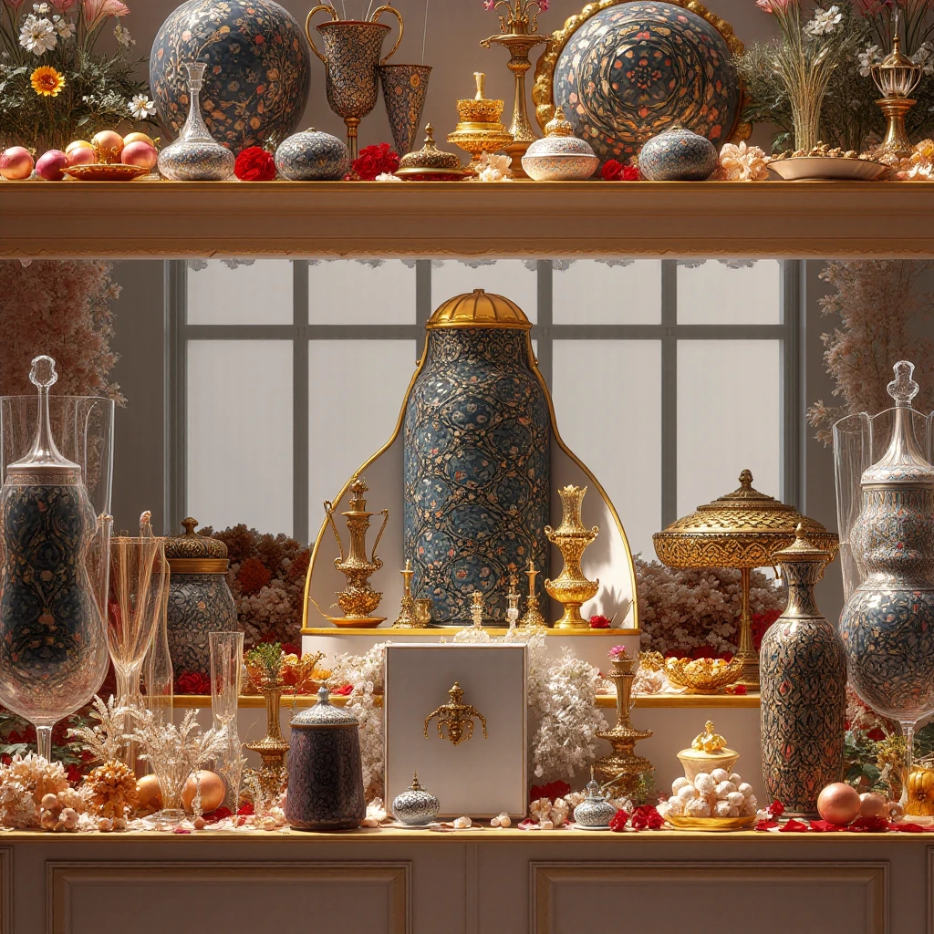 (food style: 1.2), (Full Focus: 2), (Everything in Display Cabinet: 1.3), (Magic Items | Colorful Gems | Cherry Blossoms | Printed Silk Products | Medals | Ores | Obsidian | Pearl | Emerald | White Jade | Amethyst | Sapphire | Gold Products | Silver Products | Purple Gold | Magical Jewelry | Antiques | Ruby | Orange Gem | Blue Gem | Topaz |: 2), Magic Symbols, Magic Particle Effects, High Tech Luxury, High Value Jewelry, High Value Metal, Luxury items, no puzzles, detailed and complex backgrounds, sparkling, reflective light, ultra high definition, award-winning, a high-resolution, high detail texture, contrast between light and dark, cinematic lighting, masterpieces, ray tracing, structurally correct, super details, high-quality, high detail, best quality, 16k