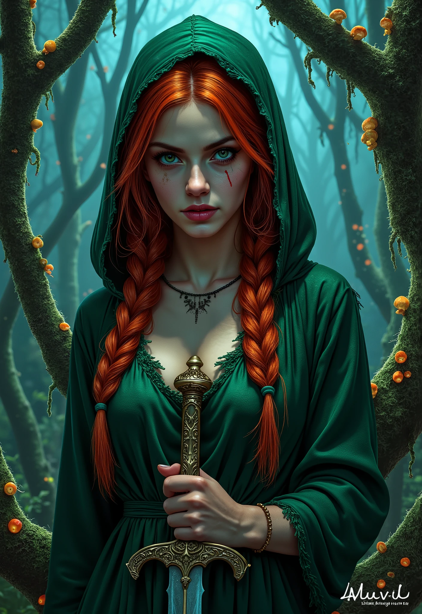 "A striking young woman with fiery red hair styled into two long, messy braids, a high-quality, full-body illustration. Her emerald-green hooded robe is torn and covered in moss, blending with the dense, overgrown forest at twilight. Twisted branches resembling skeletal fingers reach around her. Strange, bioluminescent fungi pulse with an eerie light on her skin and clothing, illuminating unnatural growths clinging to her. She clutches a beautifully adorned sword, her piercing gaze filled with terror as the sounds of unseen creatures echo through the silent woods around her. Negative prompts: poor quality, low quality, bad quality, deformed, ugly, mutation, blurry, grainy, noisy, pixelated, watermark, signature, text, logo, deformed hands, bad hands, extra fingers, missing fingers, fused fingers, misshapen eyes, bad eyes, disfigured, malformed, poorly drawn face, bad anatomy, incorrect anatomy, cartoonish, anime, manga, sketch, drawing, 3d render, cgi, illustration, lowres