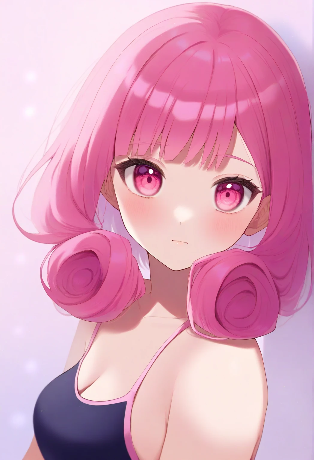 (pastel color palette), detailed aqua eyes, pink hair, (aqua eyes), Official art, Unity 8k Wallpaper, Ultra-detail, Beautiful and aesthetic, masterpiece, Best Quality, 1girl, ((big tits)), Extremely detailed, elegant, vivd color, romanticism, arms behind back, ((kawaii fashion)), (cute hat), shiny skin, sexy pose, heavy blushing, upper body, straight on, (cleavage), funky graphic design, (((anime style))), portrait, 