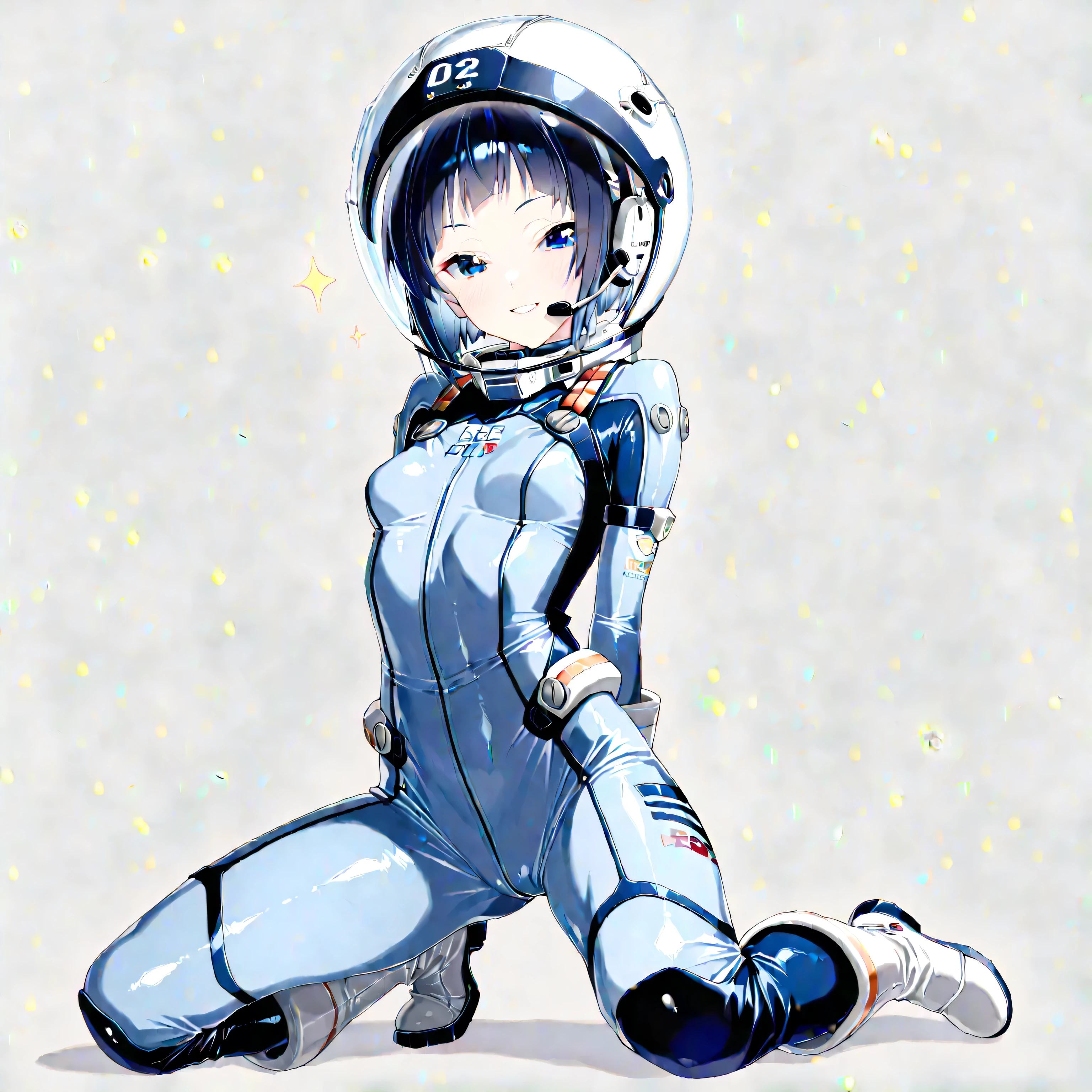 (masterpiece、Top Quality、highest resolution from vagina、 Clear Images 、 Detailed Details )：(full body、20 year old girl、the face of Japan、Xiaoyan、 Slim、 dark blue super short bob cut hair 、(Hidden small breasts:1.3)、 Sparkling Blue Eyes 、white and navy blue shiny pilot suit、Chest protection armor、tight clothes、full bodyを覆うwhite and navy blue shiny pilot suit、魅力的なwhite and navy blue shiny pilot suit、 fitted pants 、肌を隠すwhite and navy blue shiny pilot suit、very delicate and beautiful、胸を隠すwhite and navy blue shiny pilot suit、肩を隠すwhite and navy blue shiny pilot suit、More、太ももを隠すwhite and navy blue shiny pilot suit、お尻を隠すwhite and navy blue shiny pilot suit、cute、 gentle smile、gentle expression、heroine、headset、long hard boots 、elbow length gloves、Eye shot 、 peace talks between fighting factions 、attention arousal、Clever Blue Eyes 、straight face 、Kneeling pose、futuristic space combat helmet)、Simple and white background