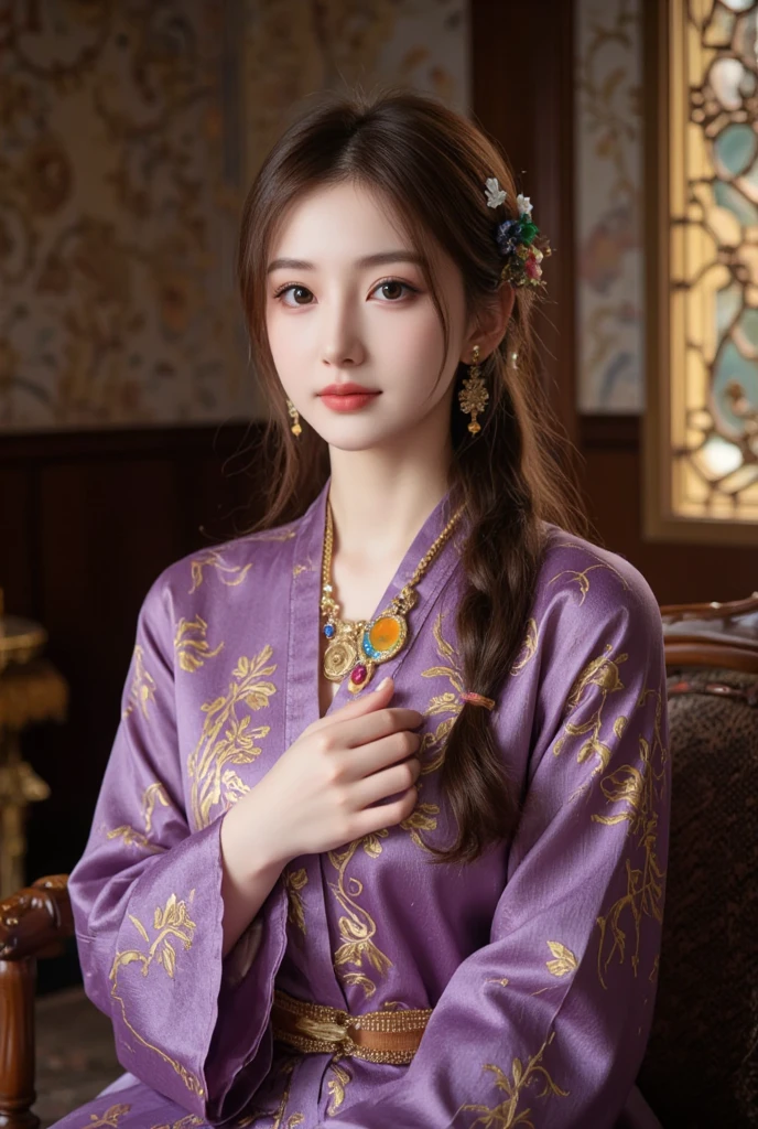 masterpiece, Highest quality, Realistic, Very detailed, Finer details, High resolution, 8k wallpaper, One beautiful woman, Wear an elegant and colorful silk shirt, In a great restaurant, At night, Light brown messy hair, Perfect dynamic composition, Beautiful and beautiful eyes、Big earrings、Sleeveless shirt、