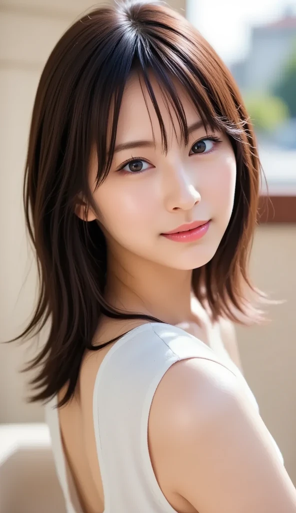 (8k、Raw photo、highest quality、masterpiece:1.2)、(Realistic、Photorealistic:1.37)、Ultra-detailed、超A high resolution、1 girl、Seeing the viewer、Beautifully detailed face、Shy laugh、narrow、(Narrow waist) :1.3)、knit、Beautifully detailed skin、Skin Texture、Floated hair、Professional Lighting、No sleeve、Looking up、Big Money Open Mouth