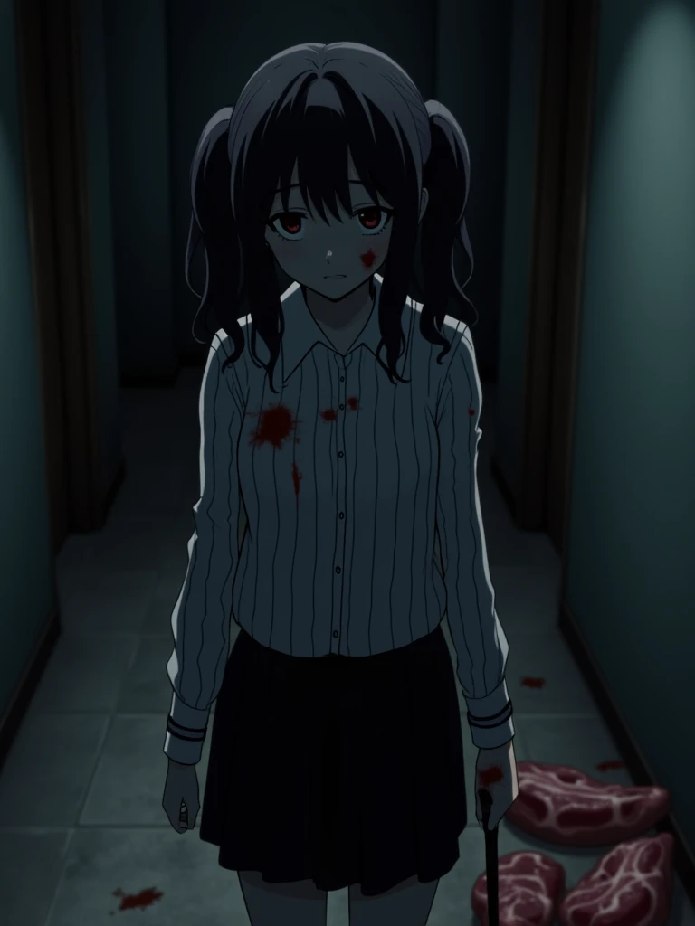 score_9, source_anime, anime_coloring, anime_screencap, zombie, undead, pale skin, 1girl, solo, long hair, red eyes, bloody eye, sleeveless white dress, bare shoulders, collarbone, (dirty clothes:1.1), bloody and empty eye. open mouth, bloody mouth, small breasts, skindentation, zombie pose, five fingers, nice hands, perfect hands, perfect anatomy, masterpiece, amazing quality, best quality, detailed, evil eyes, stiched skin, (very young child:1.3), (tiny, petite:1.3), at night, (indoors, hallway, moonlight)