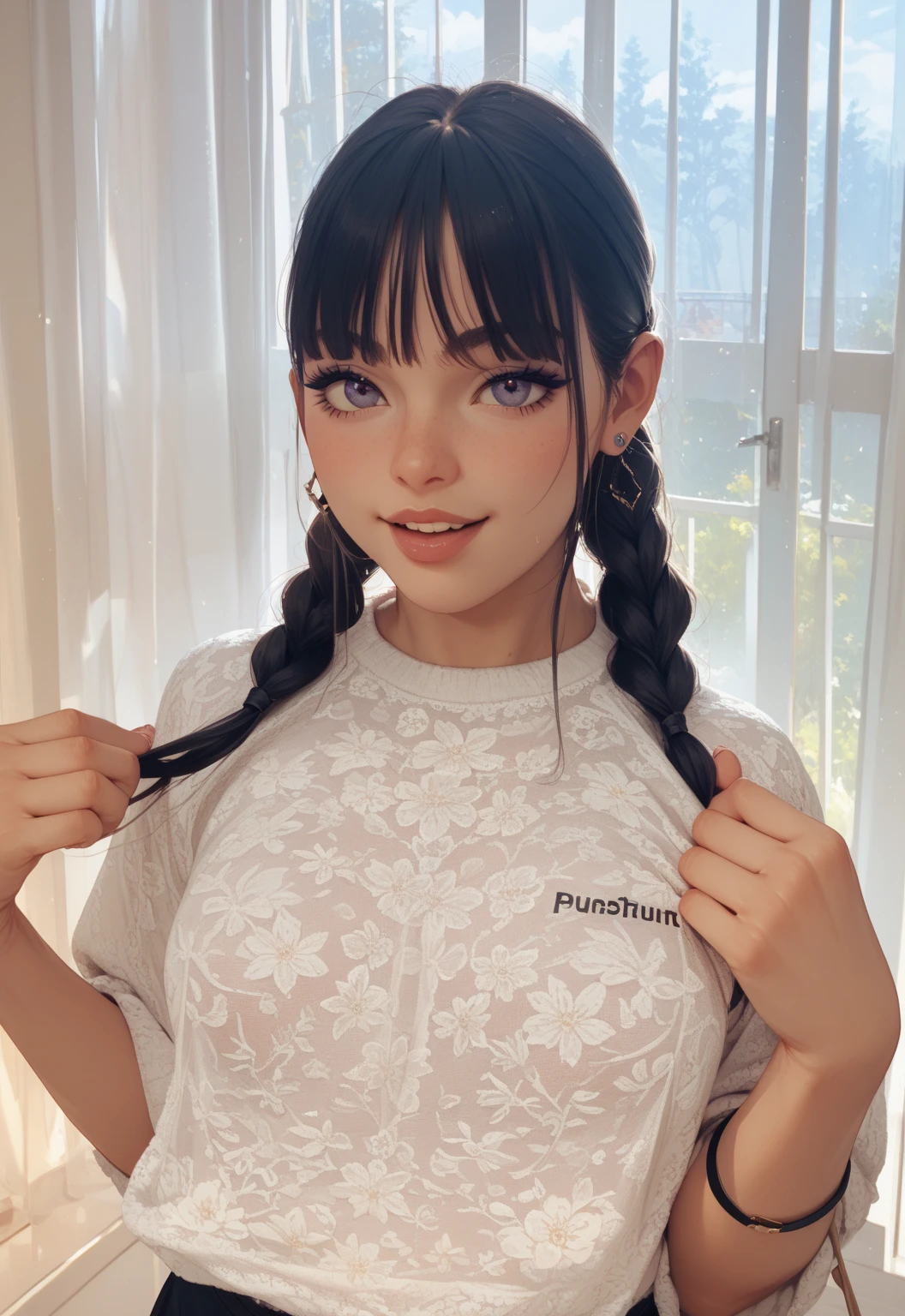 One girl, alone, , , blush, Fine grain, (Abdominal muscles:1.1), Underbust, Cleavage, Sharp focus,, Fake breasts,, microscopic, Transparent Background, Sitting cross-legged, Shredded, Upper Body, (Villain pose), (69), (Joyful), (((quilt))), Virtual YouTuber Artist, breach of trust, yu-ga-oh genshin impact, zzzzmao no tsueha, Zipper Pull Tabard, Zoom Layer, Yellow pupil,   I am very excited., Zipper Pull Tabard, lips, View your viewers, Neck ribbon, Open your mouth, Parted bangs, Purple Sweater Vest, Red ribbon, rebecca zurui project sekai, Revision, (Ribbed sweater vest:1.29), , Smiley face meme outfit, alone focus,, Sweat drops, Sweep Bangle, 
