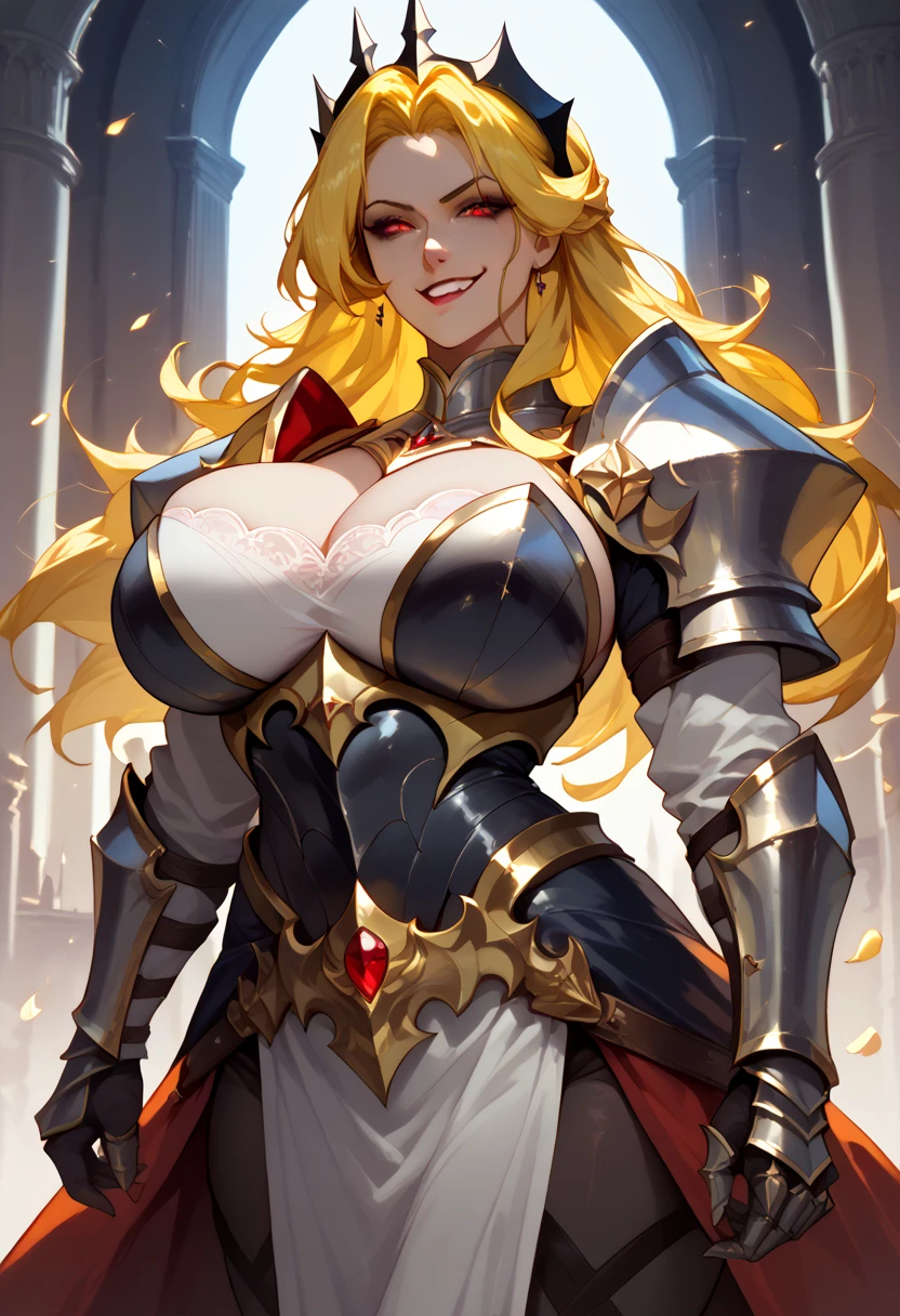 Masterpiece, perfect anatomy, incredible quality. (body, full, standing) ((huge breasts)) 1 beautiful woman, golden hair in a ponytail, black crusader armor with gold details full body, red protective cape, crusader headdress, black sword in the right hand, imposing posture
