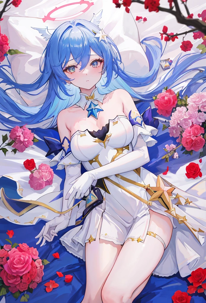 blue_hair, long_hair, bangs, horns, purple_eyes, ahoge, breasts, blush, goat_horns, sidelocks, bell, medium_breasts, large_breasts, neck_bell, ((masterpiece)), (Professional Photography:1.2), camelliamix, from above, flat body, Beautiful flowers bloom, (sparkles), (There is a blooming camellia)，standing under a tree, (head looking up), Look at the tree, Natural soft light, macaron, Still ethereal, Crisp and smooth lines, radiant morning light, soft luminescent glow, (((Samue)))