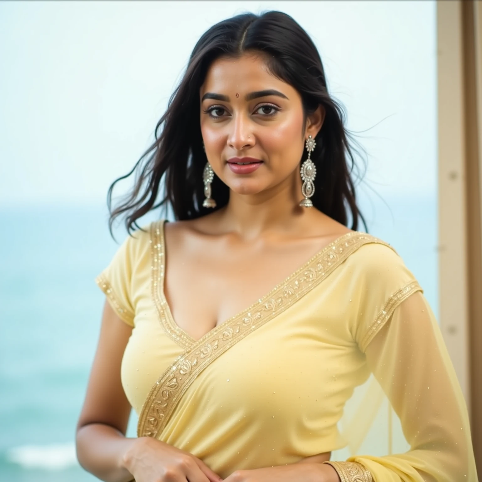((RAW, analog style)), face, extremely detailed full body color photo of a 29 y.o girl, beautiful face, beautiful eyes, ((small nose)), big natural lips, ((fabric dress)), medium breasts, healthy body, beach, ((film grain, skin details, high detailed skin texture, 8k hdr, dslr)), indian female model rubina tandon, close-up picture of rubina tandon, Sexy figure, hot looks, long hair, sparkling day dreams eyes, photography taken by t. K padmini, 1990s