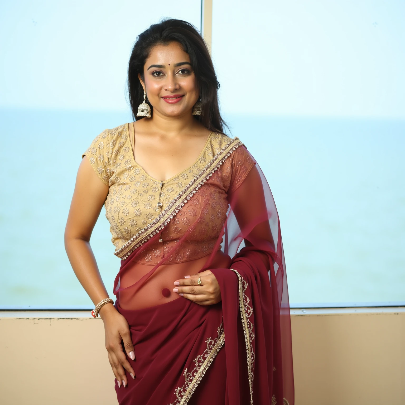 50yo mature MILF Anushka Shetty,((best quality)), ((masterpiece)), ((realistic)), eye kajal, mascara, bright red lips, sensual Beauty, provoking body, extreme sweat, sweat soaked skin, slight stretch marks, alluring figure, bulging figure, thick charming lady, curvy, thick navel, full figured woman, eye kajal, massive breast, full body, styled hair, pierced eyes, female face,royal aura, sequin red saree blouse, sexy saree blouse, trend on artstation , sharp focus, studio photo, intricate detail, very detailed, detailed eye, illustration, very detailed, sharp focus, digital render, professional, 4k