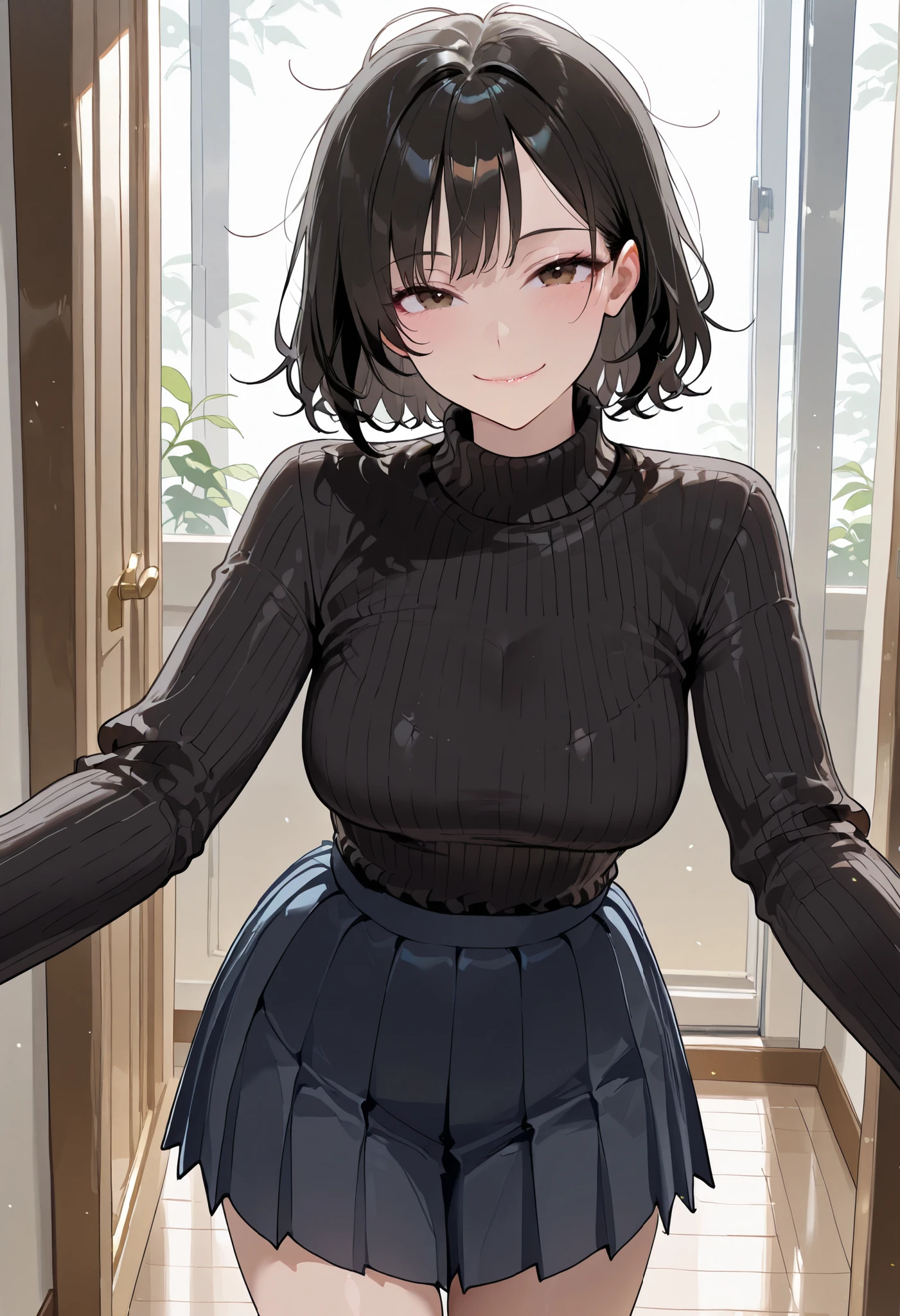 high res image, Beautiful girl with slim body, (masterpiece, detailed:1.2), (1girl:1.4), (black hair, short hair, messy hair, long side bangs), (dynamic poses), looking at viewer, (enjoyed, light smile), (brown eyes, detail eyes), Beautiful eyes, (average breasts:1.3), (slender body), (beautiful detailed face, beautiful detailed eyes), ((black cashmere sweater, pleated skirt)), indoors, ((cowboy shot:1.3)), seductive, lustrous skin, lustful skin, erotic skin