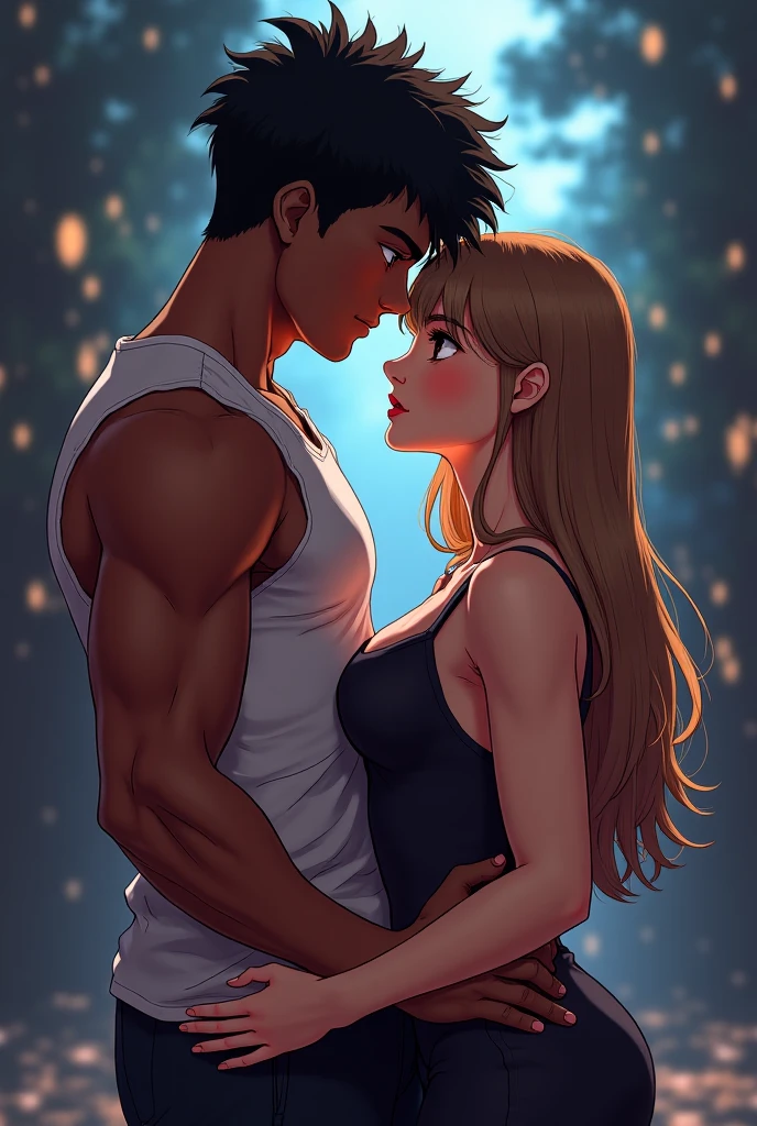 Realistic action and romance book cover of young people in school with title "The New King of the Streets". writer: LiFear. Two characters must be on the cover:

Man - **kor:**  - **Appearance:** Dark-brown hair, smooth and cut in a disorderly manner, deep brown eyes, brown skin, thin, undefined body without a shirt.

Woman - **kor:** 
- **Appearance:** Light brown wavy hair, greeneyes, skin fair, average height and athletic body.
