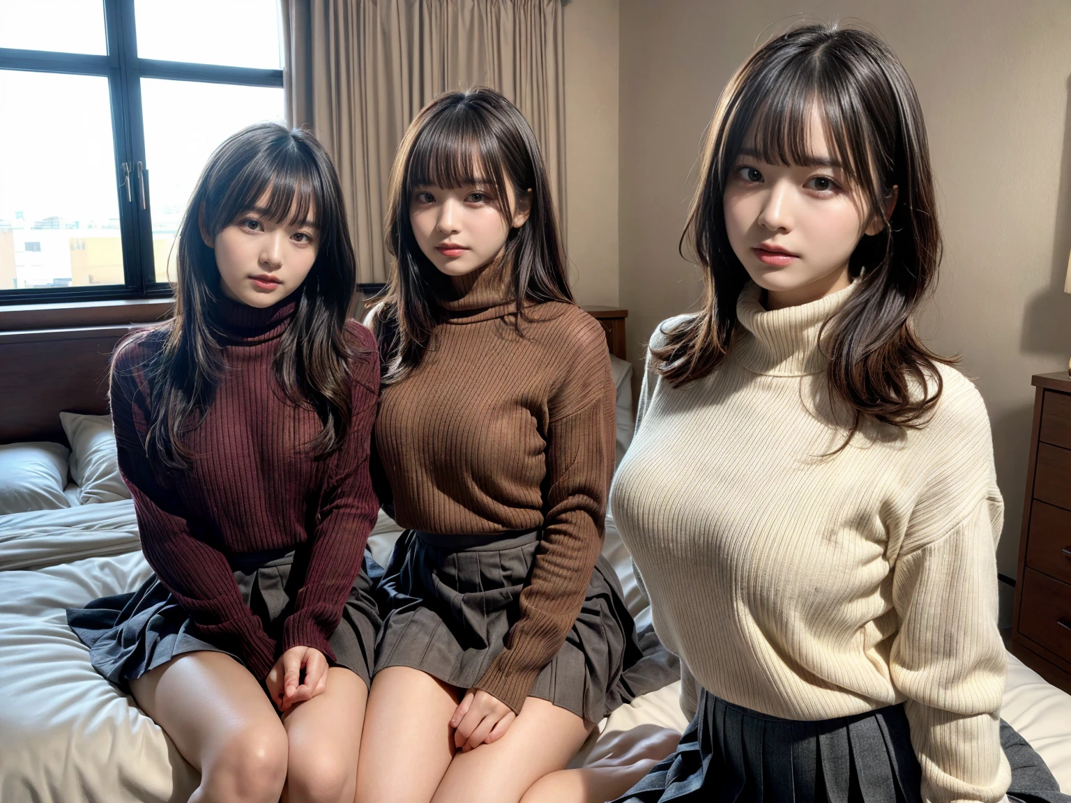 masterpiece, best quality, illustration, Super detailed, fine details, High resolution, 8K,wall paper, perfect dynamic composition,(Details High quality, realistic depiction of eyes:1.3), (3 girls), (Fleece jacket, turtleneck sweater, pleated skirt:1.2), sitting, open legs, short bob hair, in a hotel room in the background, deep on field, large breasts, black hair color, Big Natural Color Lip, (perfect body shape), crying a little、Harajuku style、20 year old girl、cute type、beautiful legs, Gravure Idol