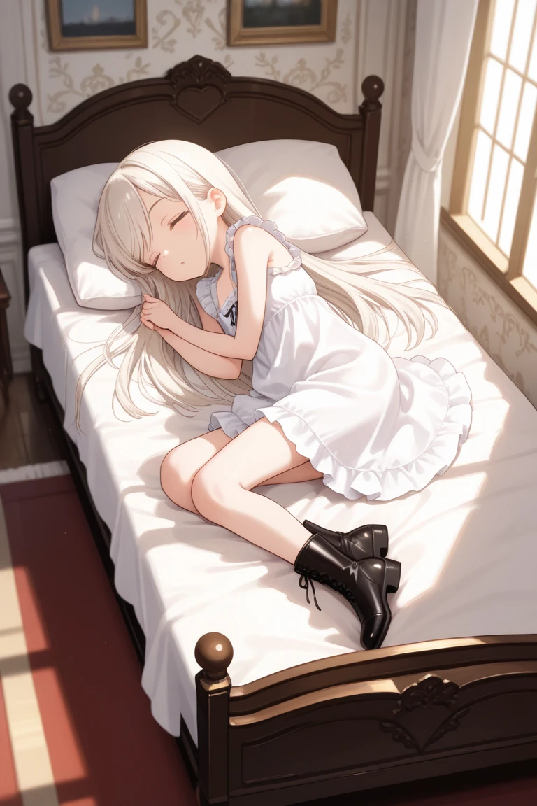 Anime girl in white pajamas getting out of bed with cat, loli in dress, small curvy loli, artwork in the style of guweiz, guweiz on pixiv artstation, guweiz on artstation pixiv, guweiz, small loli girl, soft anime illustration, Anime visuals of cute girls, Detailed Digital Anime Art