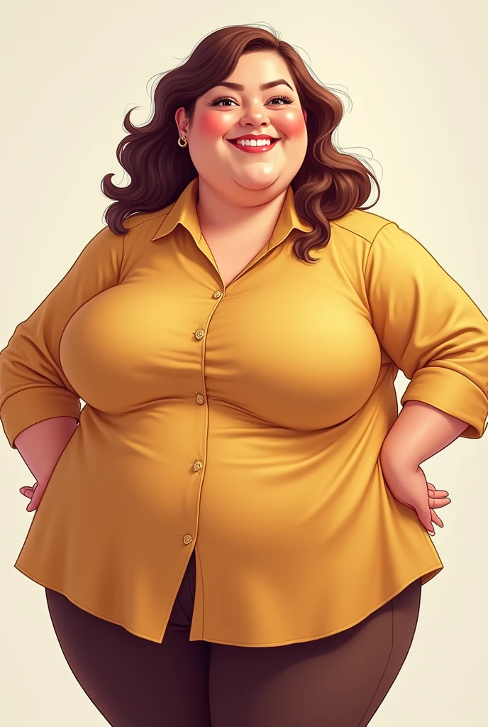 Draw me a cartoon picture,The content is a woman with full breasts,Wearing a tight buttoned white shirt,Focus on the chest,The point is that the middle button is a cartoon character,Sweating profusely, she stretched out her arms to hold the sides of her shirt to prevent it from being torn apart by her big breasts.