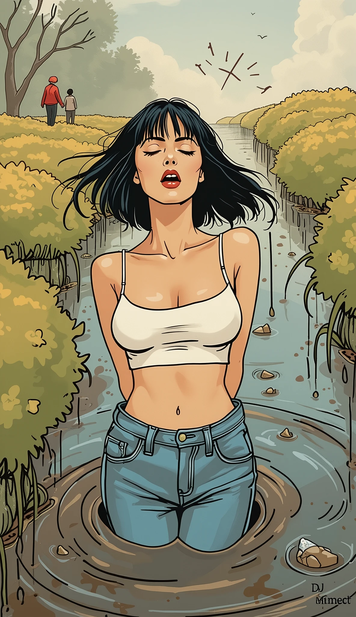 Caucasian woman, blue eyes, big eyes, lined eyes, blue-black hair, wavy hair, very long hair, athletic body, leggings, (((black leggings))), leggings torn over the pelvis, (((white top)) ), (((torn top))), (((tear on left breast))), torn top, left nipple visible under torn fabric, (((small nipples))), large breasts, marked abdomen, sports shoes , (((white sneakers))), dynamic pose, in the park, sweat, park with people, Realistic illustration, frontal shot.