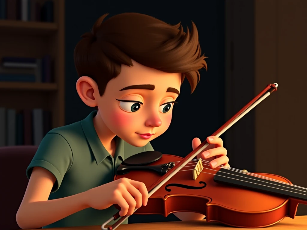 Image of a boy for a story in a YouTube video in Pixar format, He's chubby, He's outgoing, Playful and altar boy and plays violin