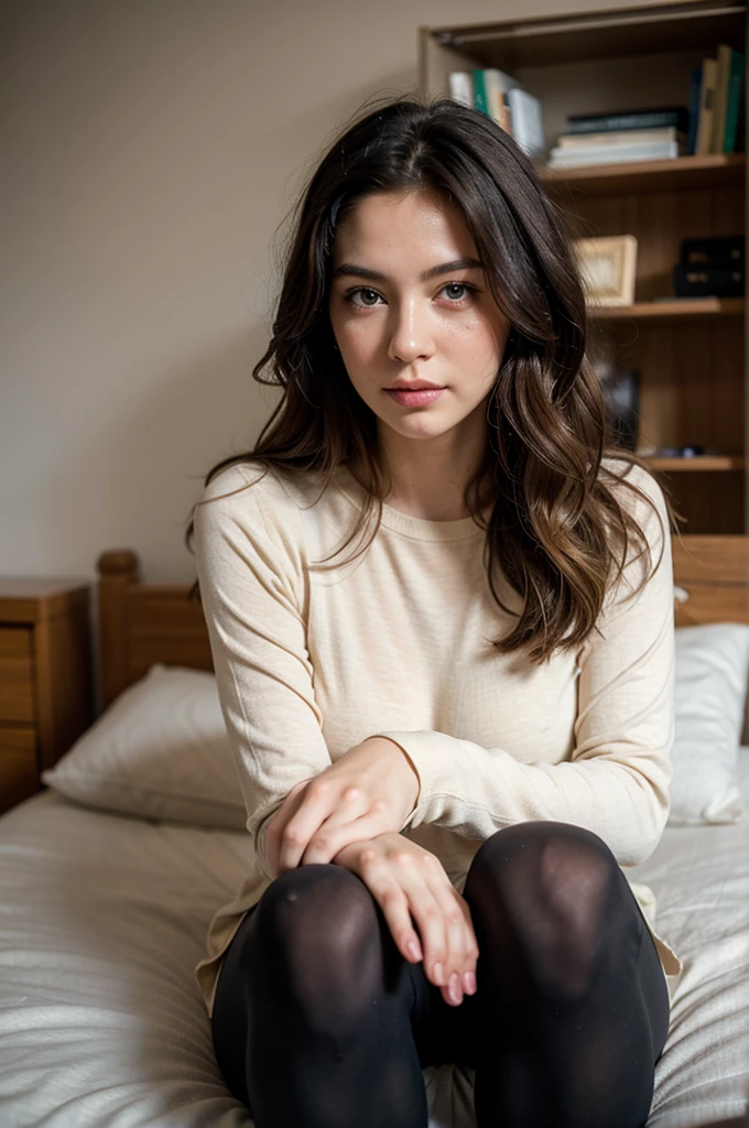 a Realistic photo of a aimee lou wood woman with long brown Hair and ((hands on her head)), detailed face with a serious look, detailed eyes, perfect slim body, modelshoot style,  (wearing a tan sweater), soft lighting, professional Photography, Photorealistic, detailed, kneeling on a bed, blurred background, RAW, analog, sharp focus, 8k, HD, DSLR, high quality, Fujifilm XT3, film grain, award winning, masterpiece<lora:aimee lou wood v1.0:1>