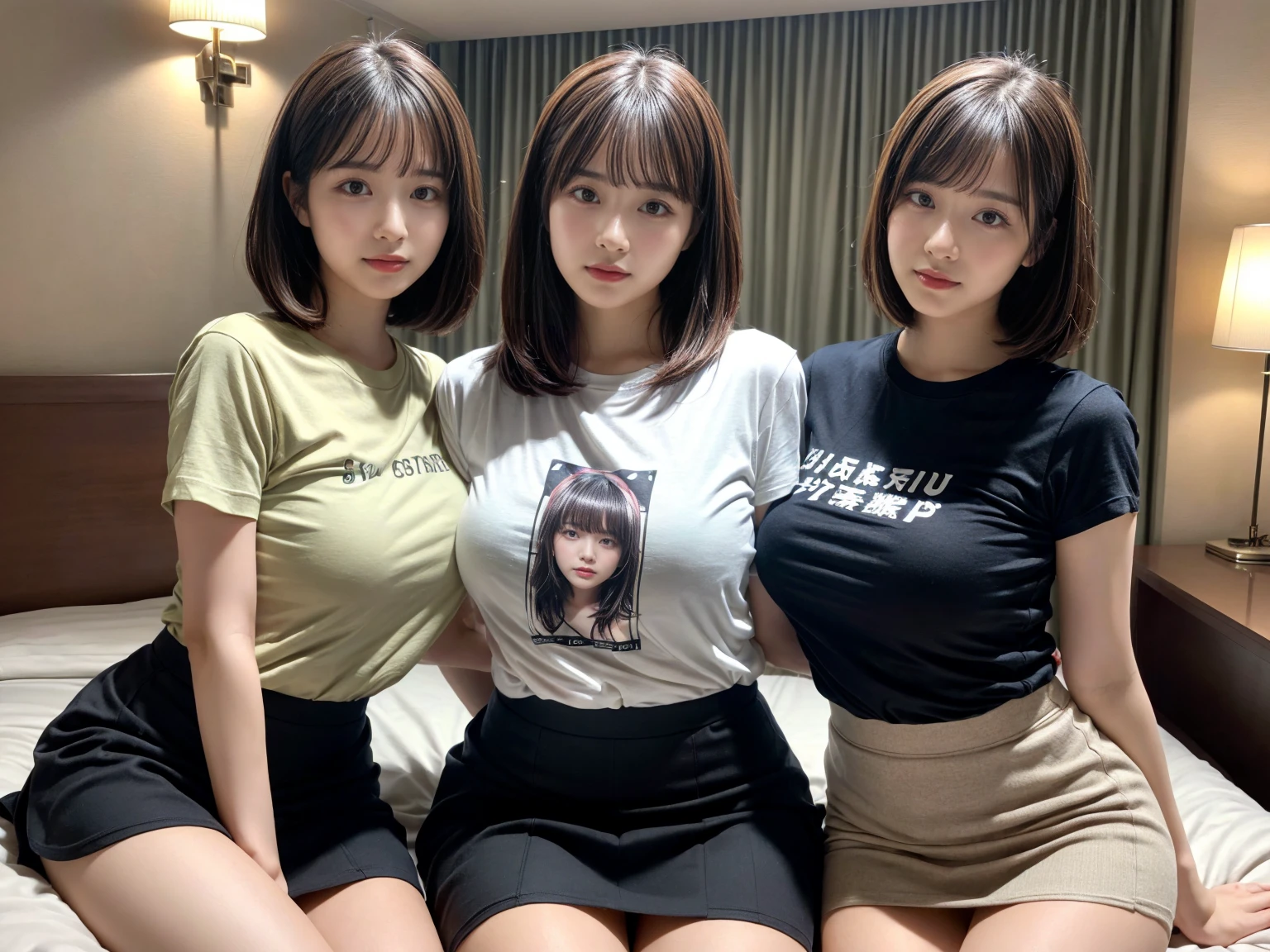 masterpiece, best quality, illustration, Super detailed, fine details, High resolution, 8K,wall paper, perfect dynamic composition,(Details High quality, realistic depiction of eyes:1.3), (3 girls), (Fashionable, white shirt short sleeve, black pencil short skirt), sitting, open legs, short bob hair, in a hotel room in the background, deep on field, large breasts, black hair color, Big Natural Color Lip, (perfect body shape), crying a little、Harajuku style、20 year old girl、cute type、beautiful legs, Gravure Idol