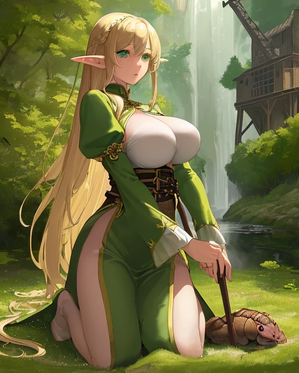 A sexy blonde hair elf girl, in forest, very big breasts, sexy elf clothes