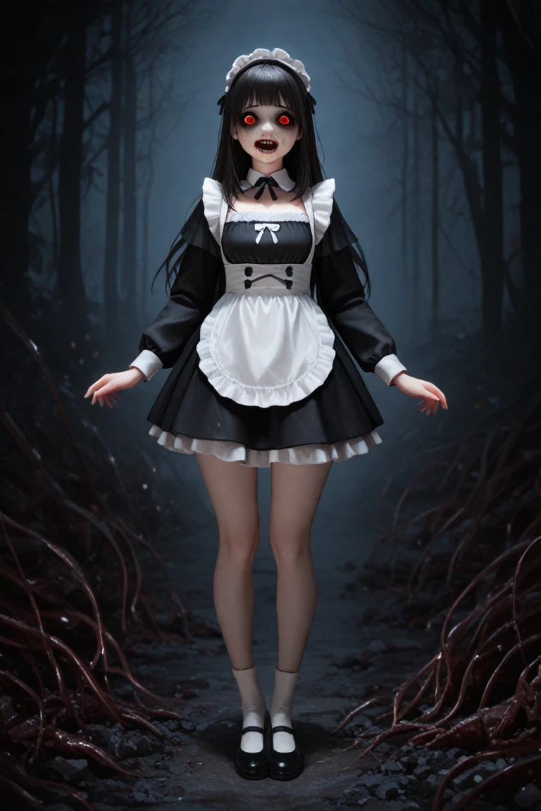 there is a woman walking in a room with blood on her face, bloody + concept art, artwork in the style of guweiz, eerie art style, guweiz on pixiv artstation, guweiz on artstation pixiv, detailed 4k horror artwork, dark fantasy horror art, dark fantasy style art, deviantart artstation cgscosiety