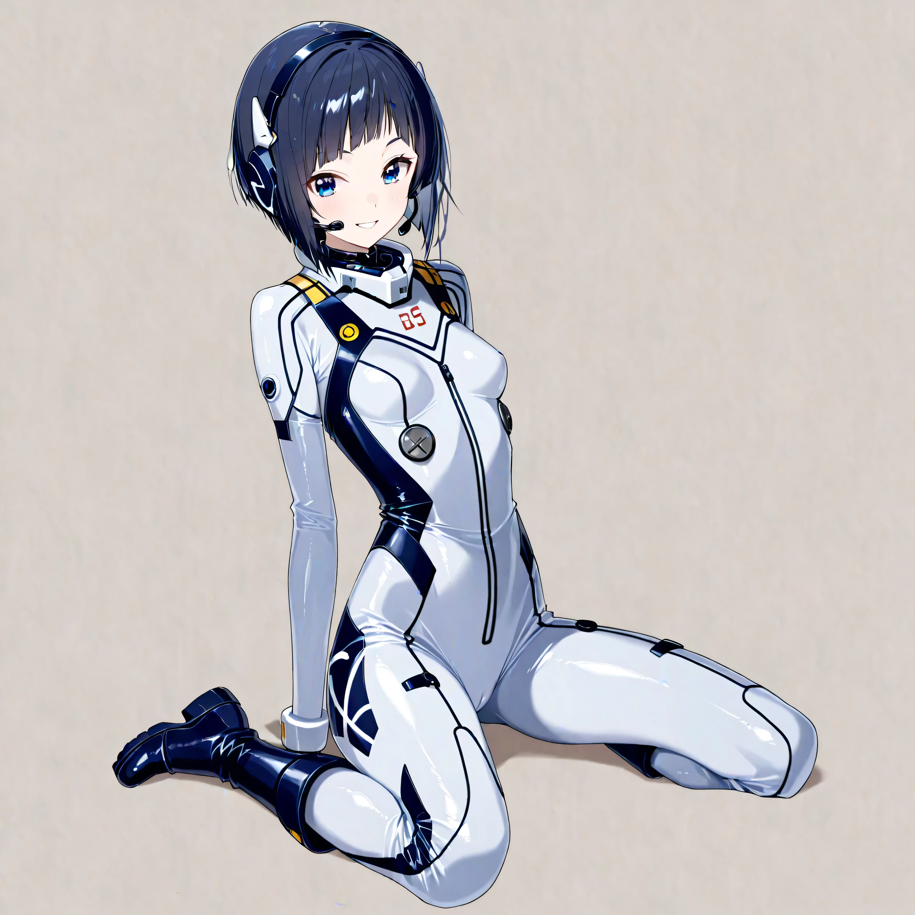 (masterpiece、Top Quality、highest resolution from vagina、 Clear Images 、 Detailed Details )：(full body、20 year old girl、the face of Japan、Xiaoyan、 Slim、 dark blue super short bob cut hair 、(Hidden small breasts:1.3)、 Sparkling Blue Eyes 、white and navy blue shiny pilot suit、Chest protection armor、tight clothes、full bodyを覆うwhite and navy blue shiny pilot suit、魅力的なwhite and navy blue shiny pilot suit、 fitted pants 、肌を隠すwhite and navy blue shiny pilot suit、very delicate and beautiful、胸を隠すwhite and navy blue shiny pilot suit、肩を隠すwhite and navy blue shiny pilot suit、More、太ももを隠すwhite and navy blue shiny pilot suit、お尻を隠すwhite and navy blue shiny pilot suit、cute、 gentle smile、gentle expression、heroine、headset、long hard boots 、elbow length gloves、Eye shot 、 peace talks between fighting factions 、attention arousal、Clever Blue Eyes 、straight face 、Kneeling pose)、Simple and white background