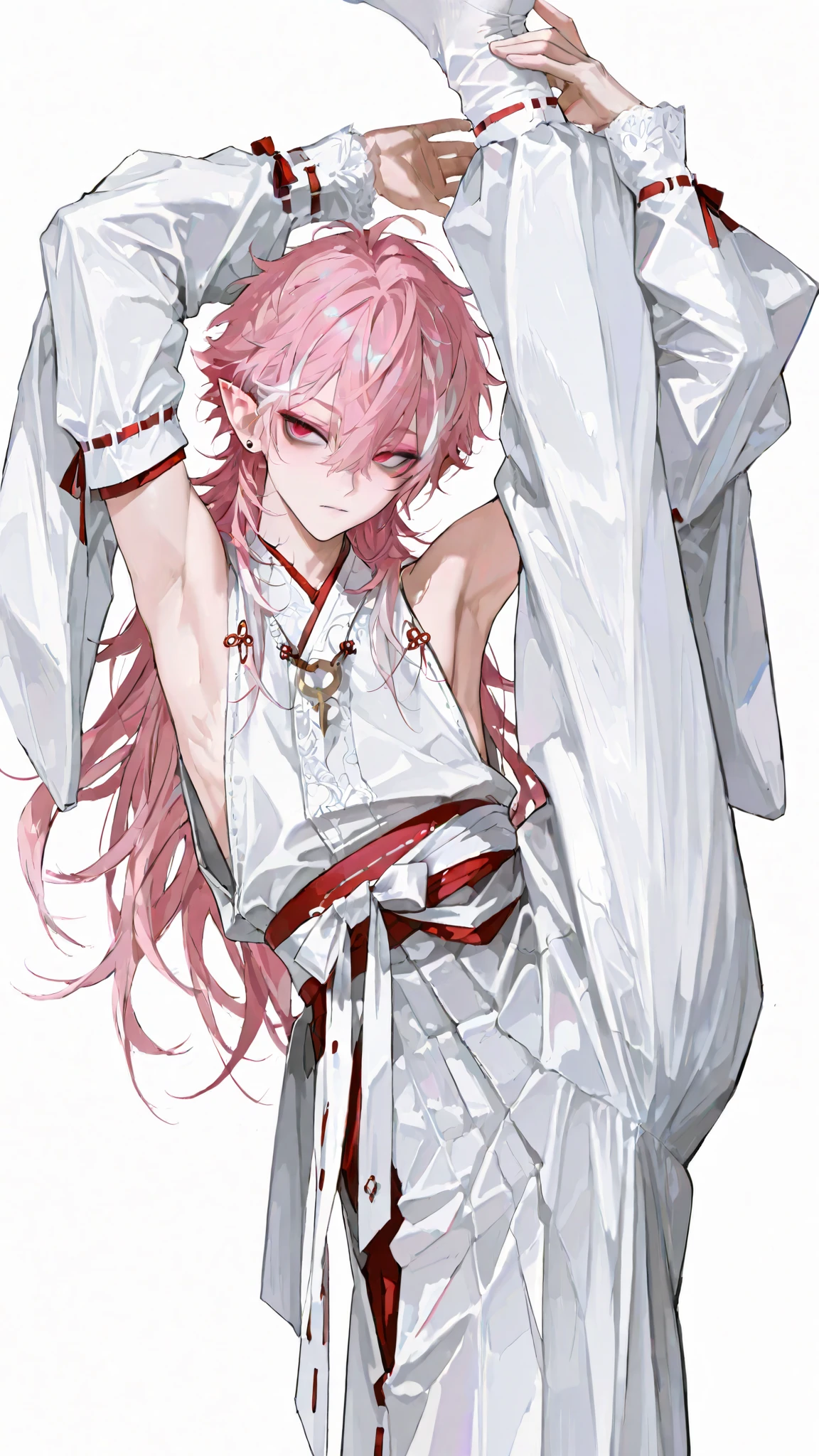 1male,handsome,top quality,high quality,masterpiece,beautiful young man, lean, 6 foot tall, miko, side boob, vampire, detailed face, Gothic, ta fashion, simple background, long hair, multi colored hair, shrine maiden, pointy ears, visual kei style, pink hair, studs, piercings, (masterpiece:1.2),(highest quality),(super detailed),(ultra-high resolution), sub culture, cardigan, flawless smooth skin, detached sleeves, White background,high fashion, dramatic lighting, newest, male focus, adult male, perfect body proportions, long pants, puffy pants, split toe socks, heavy black eyeliner, pink eyeshadow, long messy hair, standing on one leg, standing split, arms up, kimono, detailed eyes