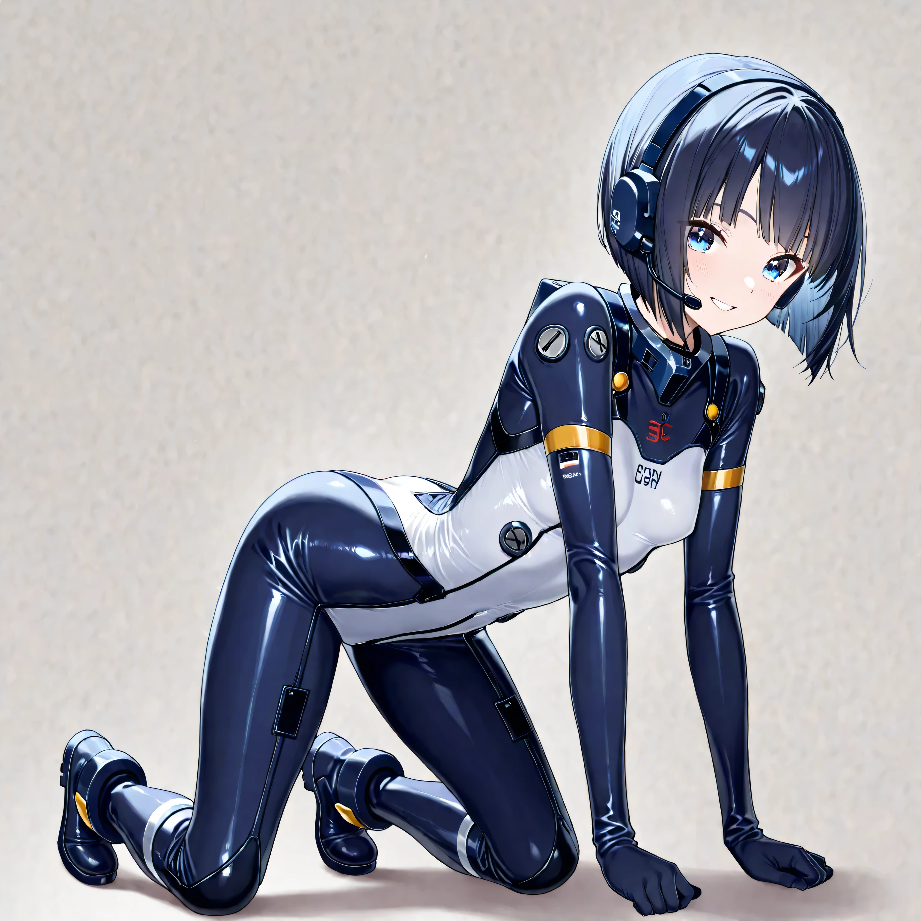 White combat suit with blue pattern, pretty girl, Pixie Cut Hair, Small breasts, Flat Chest, Outdoor, blue sky, Canon, masterpiece, high quality, Attention to detail, Textured skin