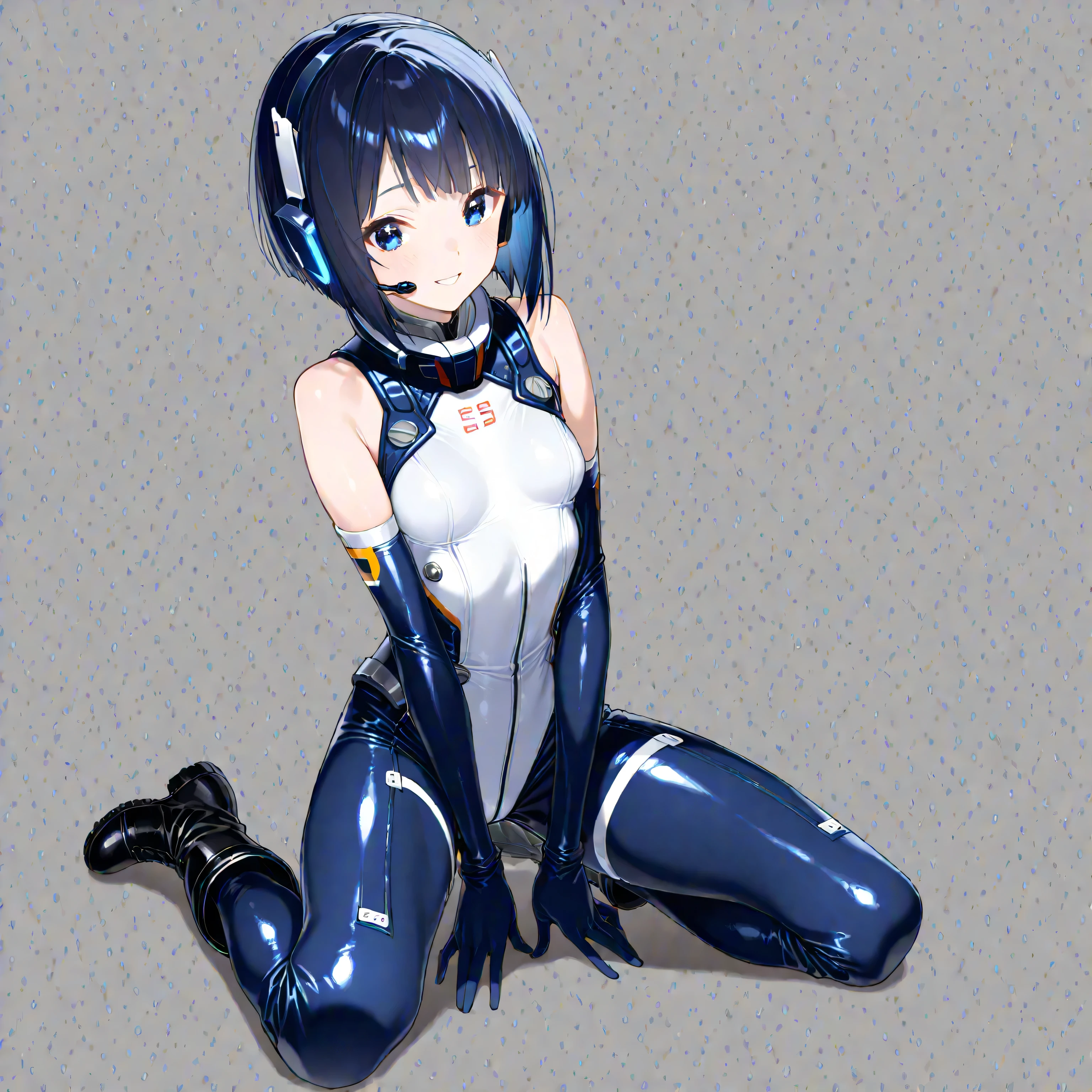 BREAK、(masterpiece、Highest quality、Highest Resolution、Clear_image、Detailed details): (The whole body of a person with Japanese features、High knot ponytail、cute、Dark blue hair girl、(Perfect body:1.4)、Sparkling blue eyes、(White and navy tight-fitting shiny pilot suit)、Very delicate and beautiful、Slim Body、Exoskeleton、cute系、Happy smile、Soft expression、heroine、White and navy blue long boots、Elbow-length gloves、headset、(kneeling pose))、BREAK、BREAK、(Simple Background、White background:1.6)