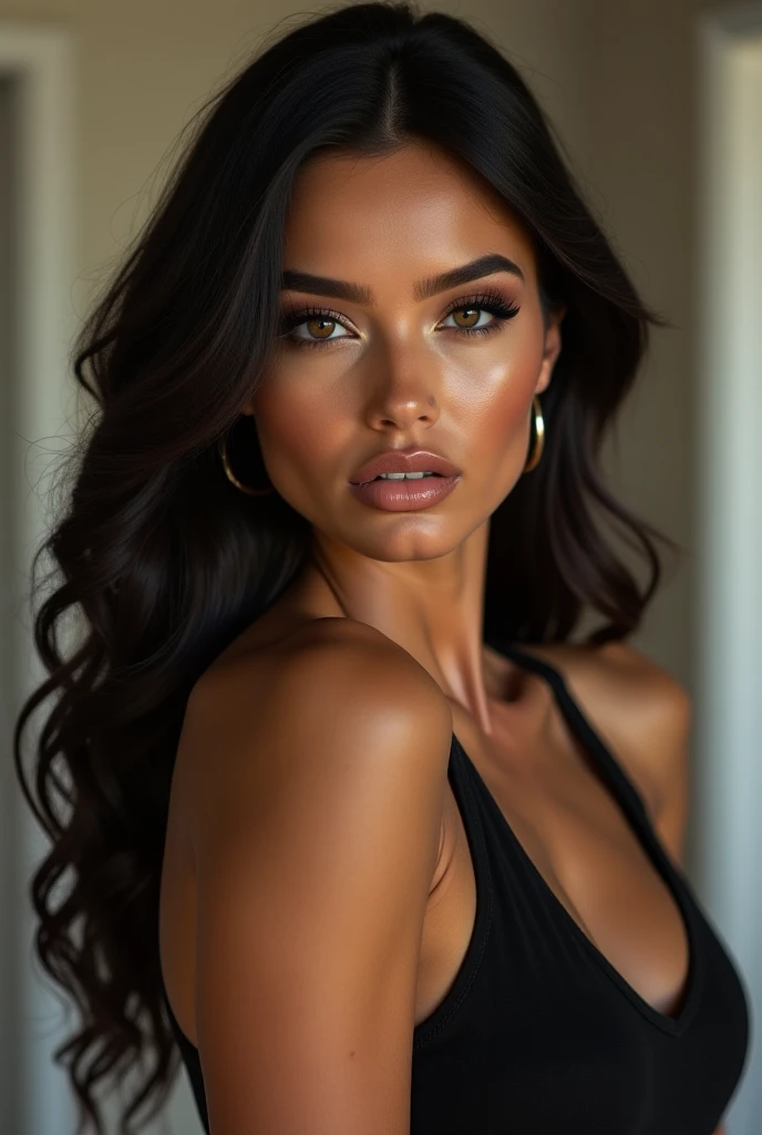 1girl,a beautiful fashion model ,(masterpiece, detailed background, best quality), elegant makeup, hoop earrings, seductive smile, oral invitation, ear blush, full blush, 8k, super detail, ccurate, best quality, award winning, best quality, 1080P, 4K, textured skin, slutty outfit, abs, ((tan skin, shiny skin)), akali, long black hair, long ponytail, hair between eyes, blue eyes, girl wearing bikini top and shorts, visible thong straps slender, athletic, slim, abs, hair between eyes