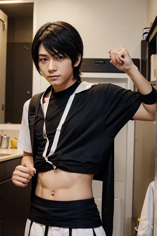 anime pictures , teenage men , Sit with your legs spread open on a chair. , Lift up your shirt. , Has a six-pack and red panties. , Convex crotch